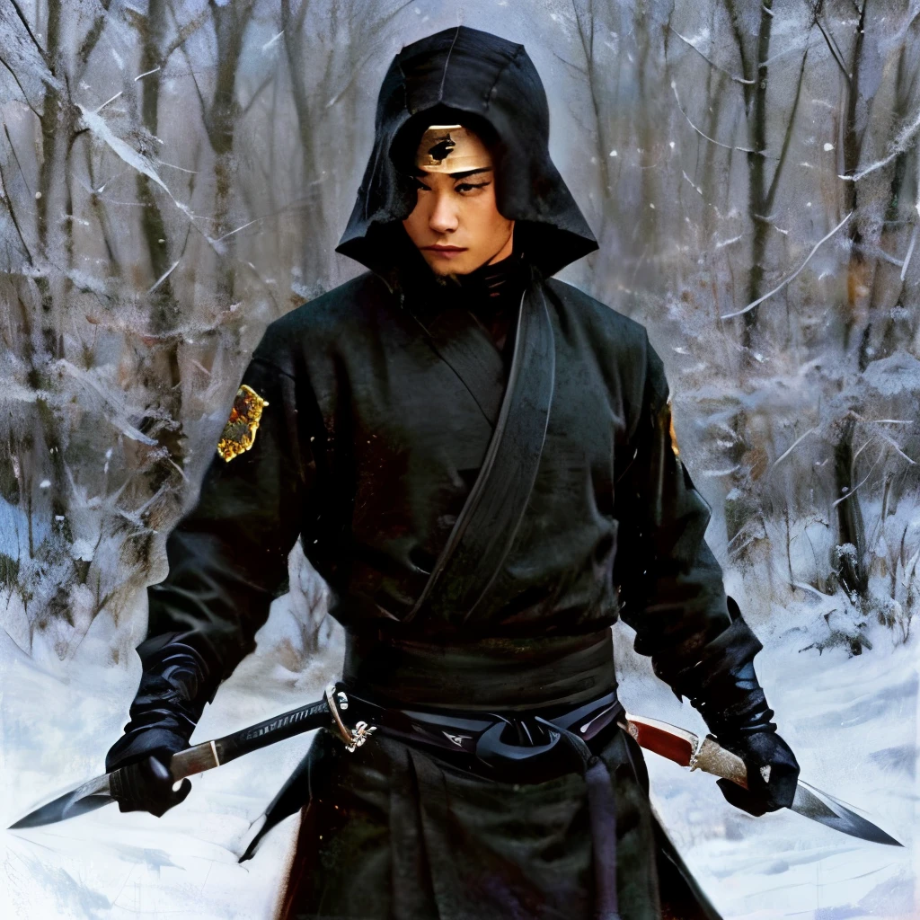Beauty,ninja,Black clothes,draw sword,snow sense