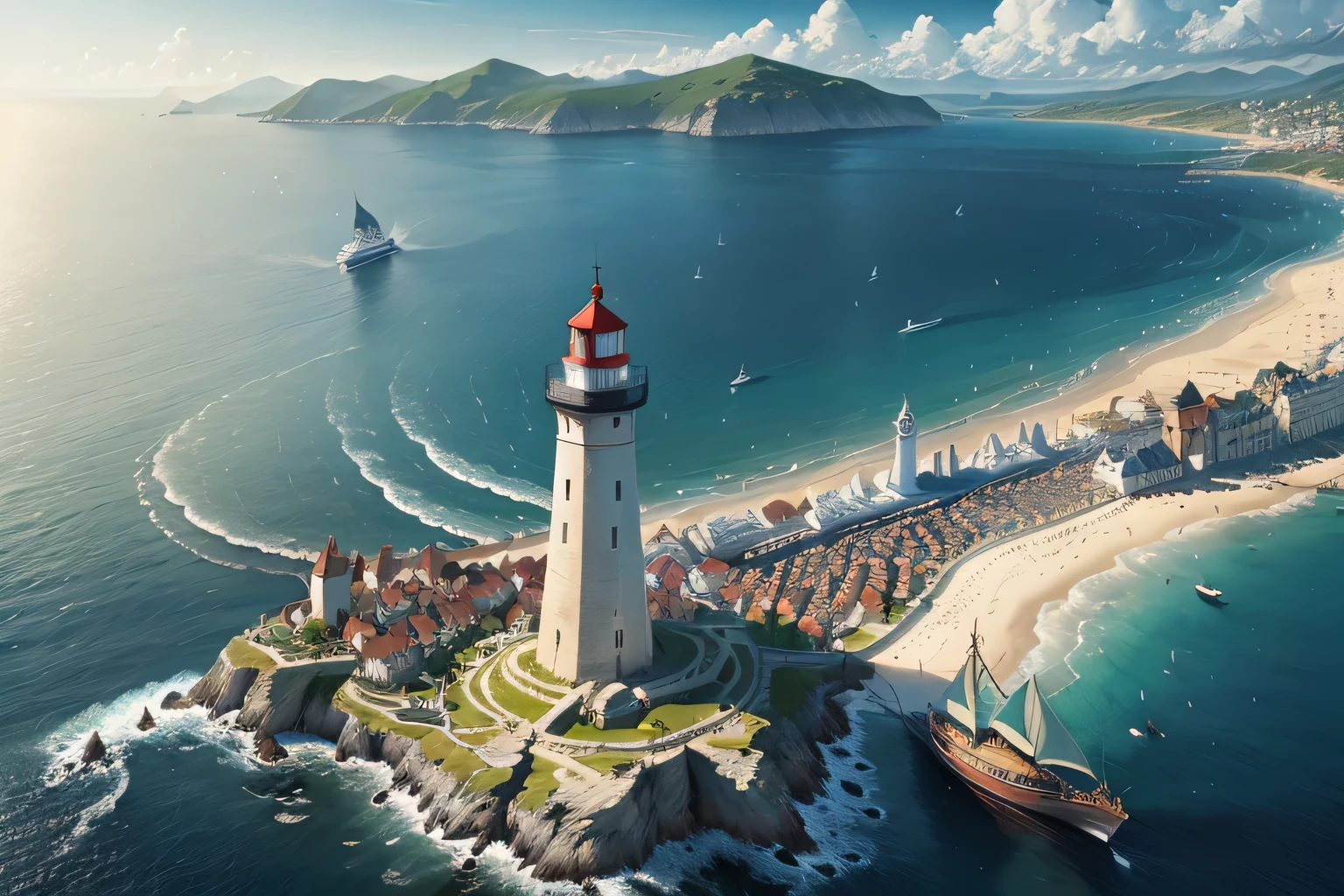 "Imagine a bustling coastal city teeming with life and activity. Marinalis, known as the Jewel of the Coast, is situated on the shores of the Aestorian Sea, its vibrant harbor filled with ships from distant lands. Tall, majestic lighthouses stand sentinel along the coastline, medieval fantasy theme