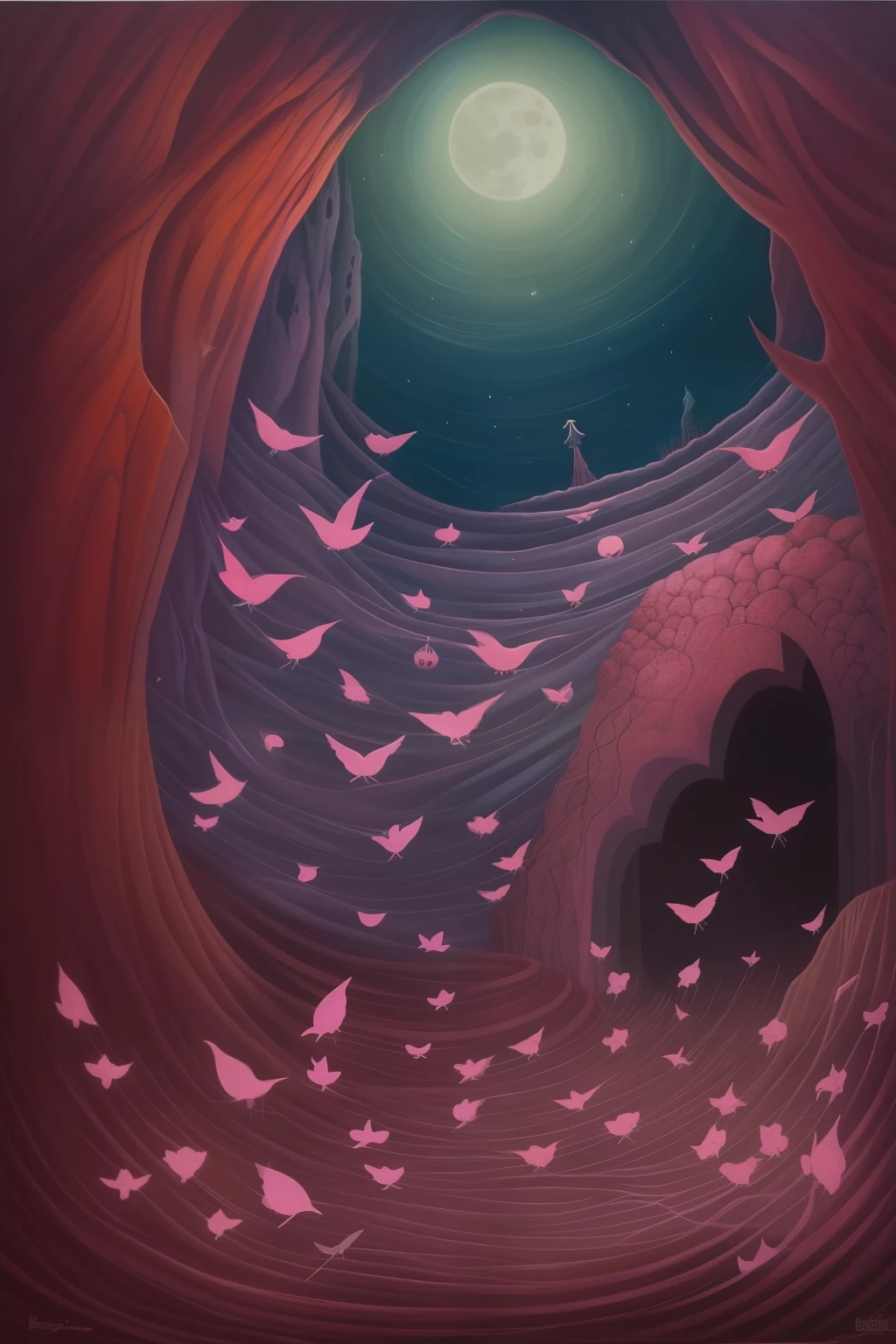 a group of birds flying around a cave with a moon in the sky, by Bridget Bate Tichenor, lost in a dreamy fairy landscape, painting of a dreamscape, inspired by Bridget Bate Tichenor, magical cave, by Tang Yifen, by Ye Xin, by Yang J, by Zdzisław Beksiński, tyrus wong