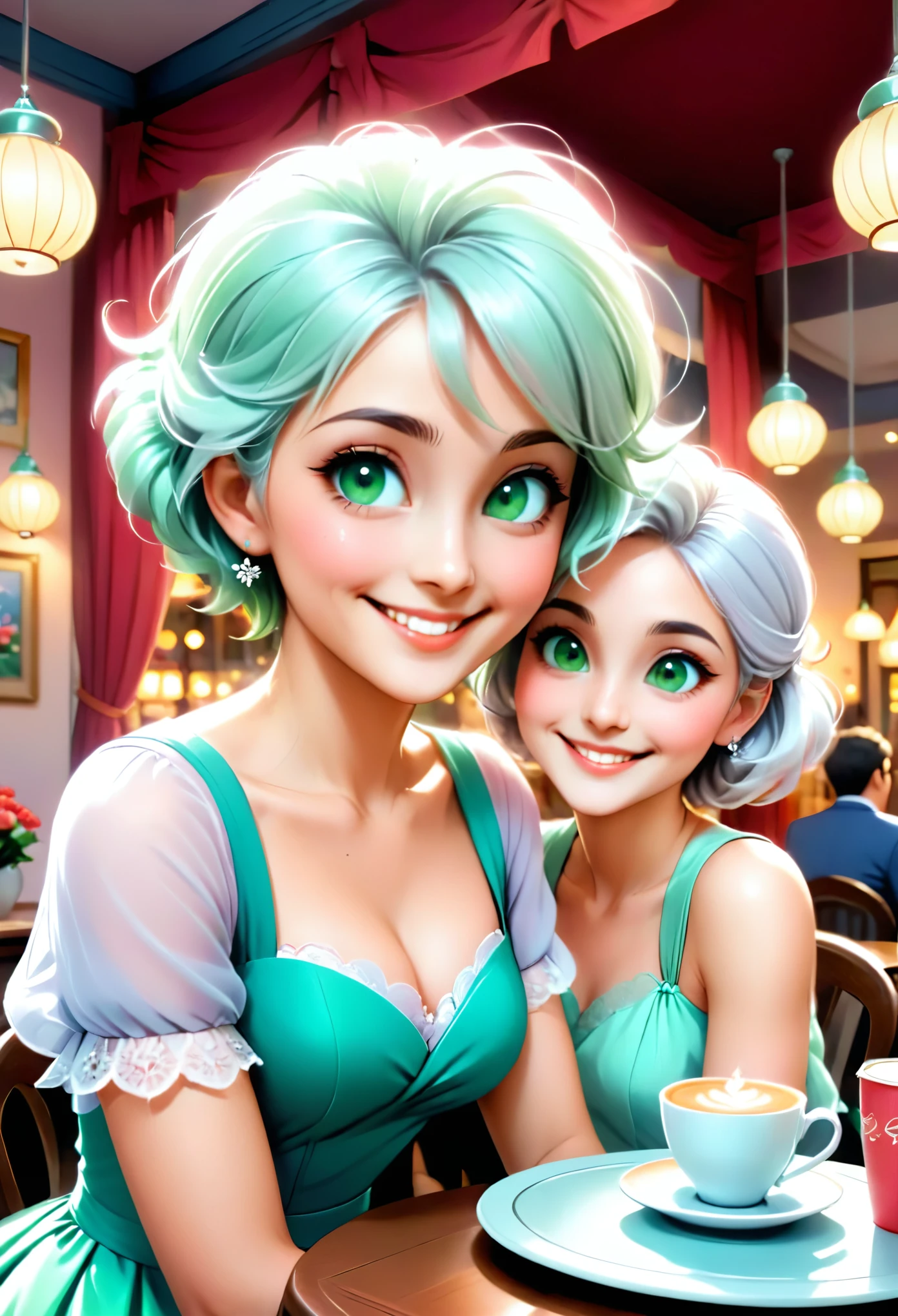 Tia is shown to have a fairly slender figure. She has white-grey hair , she has short hair and large pale green eyes, The girl is sitting in a beautiful cafe decorated with soft lights and romantic decor, looking smiling and happy next to her lover.  She wears an elegant dress in bright red or delicate pink, which adds a touch of femininity and attractiveness to her appearance.  Her hair fell freely on her shoulders, and she looked radiant thanks to a warm smile that reflected her happiness and desire to celebrate.  Her beloved side, who seemed happy with her, was smiling and had a happy expression on his face.  Two cups of coffee or tea can be seen in front of them, and there may be a bouquet of flowers on the table, enhancing the atmosphere of romance.  The atmosphere around them seemed relaxed and pleasant, and light laughter and intimate expressions mixed with the sound of the joyful people around them., cleavage exposed, medium breasts, superior quality, many details, Puri focus  Sharp and realistic