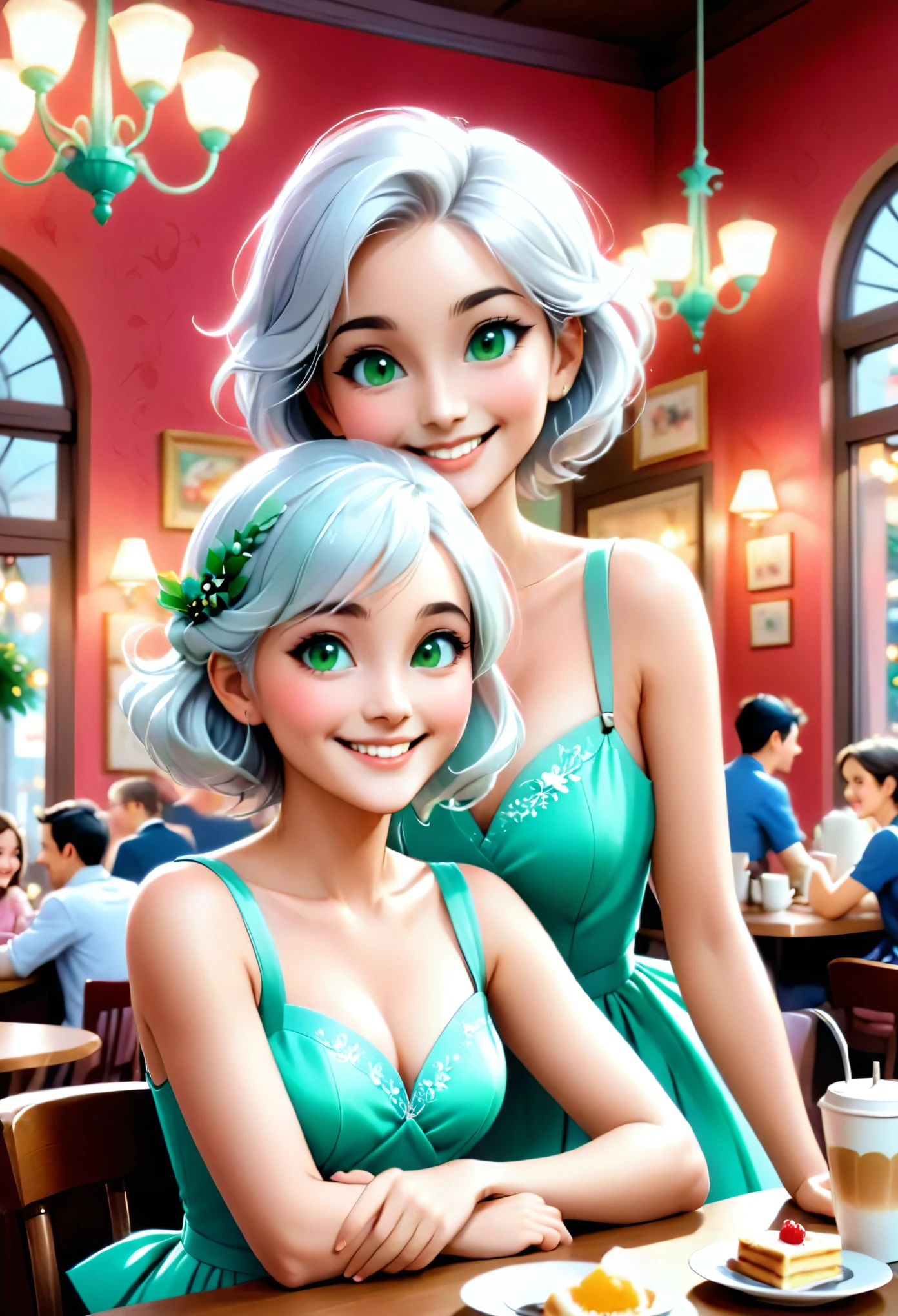 Tia is shown to have a fairly slender figure. She has white-grey hair , she has short hair and large pale green eyes, The girl is sitting in a beautiful cafe decorated with soft lights and romantic decor, looking smiling and happy next to her lover.  She wears an elegant dress in bright red or delicate pink, which adds a touch of femininity and attractiveness to her appearance.  Her hair fell freely on her shoulders, and she looked radiant thanks to a warm smile that reflected her happiness and desire to celebrate.  Her beloved side, who seemed happy with her, was smiling and had a happy expression on his face.  Two cups of coffee or tea can be seen in front of them, and there may be a bouquet of flowers on the table, enhancing the atmosphere of romance.  The atmosphere around them seemed relaxed and pleasant, and light laughter and intimate expressions mixed with the sound of the joyful people around them., cleavage exposed, medium breasts, superior quality, many details, Puri focus  Sharp and realistic