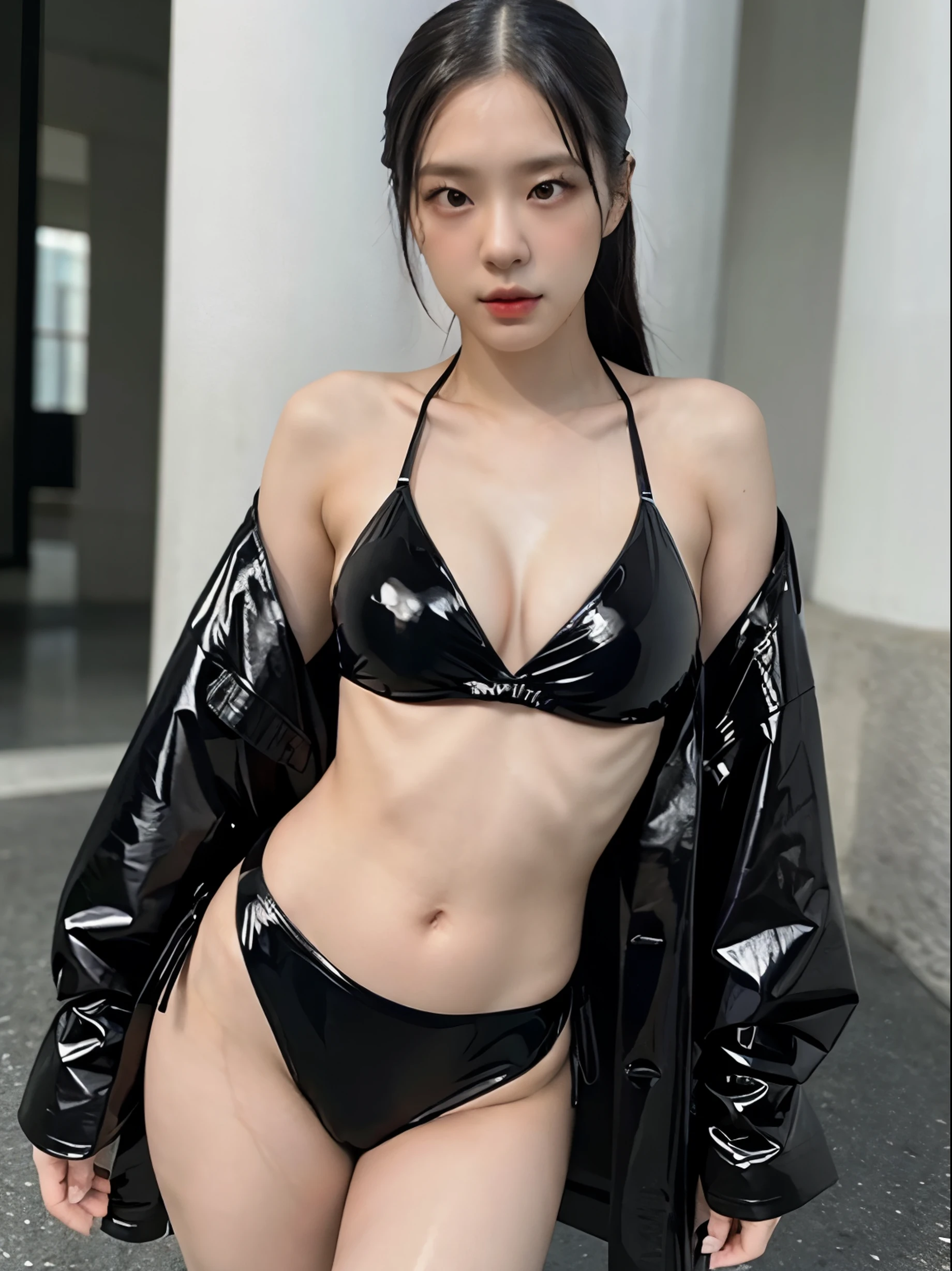 (masterpiece:1.2), 8k,(ultra-realsitic:1.37), Chiangmai age girl, short and slightly chubby body, (sexy pose with left armpit slightly exposed:1.3), face lights, Detailed face, (wearing a black pvc trench coat over a latex bikini:1.5),