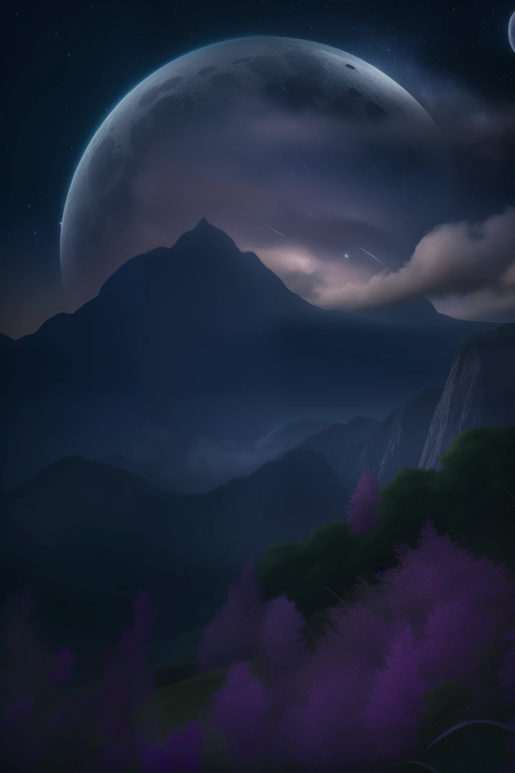 a crescent in the sky with clouds and a mountain in the background, a matte painting by Muggur, flickr, hurufiyya, moonlit night dreamy atmosphere, beautiful moonlight night, moonlit night sky, beautiful moonlight, moonlit backdrop, beautiful moon light, moonlit night, crescent moon in background, moonlit nightscape, night sky with moon