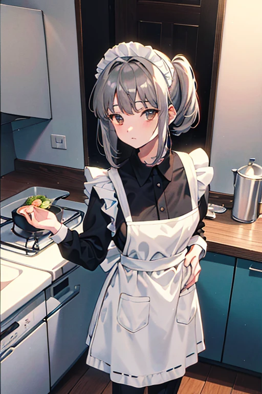 medium hair, grey hair, brown eyes, maid uniform, standing, Straight Face, Fair skin, indoors, kitchen, from above, 1990s (style), --niji 5  --ar 2:3 --s 100