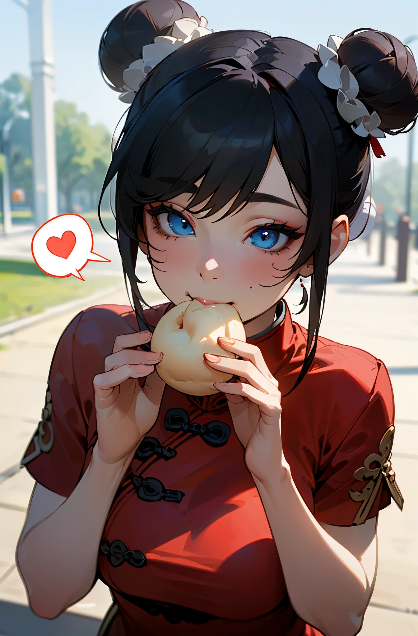 (masterpiece:1.5),(best quality:1.5),(8K:1.2),(ultra detailed:1.2),(realistic:1.2),(ultra high resolution:1.2),(highest detailed and realistic skin:1.3),(highest detailed and beautiful slant blue eyes:1.3),break,(in the park:1.4),(beautiful sunlighting),(holding in mouth big chinese steamed bun:1.3),(slender body girl),break,(beautiful red slant eyeliner:1.2),(beautiful eyeshadow),break,natural lip,(red short sleeve red chinadress:1.4),break,(chinese double round bun black hair:1.2),break,break,medium breasts,break,ring earring,break,(super happy eating:1.3),(happy:1.3),(spoken heart),(puffing up one's cheeks:1.3),(front face),(from above:1.2),(upper body:1.2)