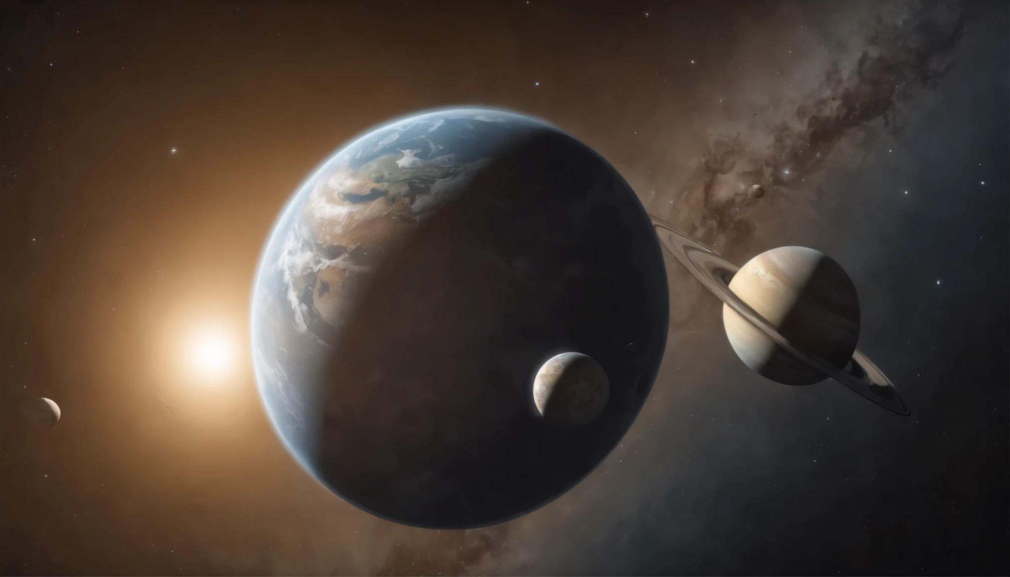 Solar system highlighting planet Earth in maximum resolution with all the most realistic details possible.