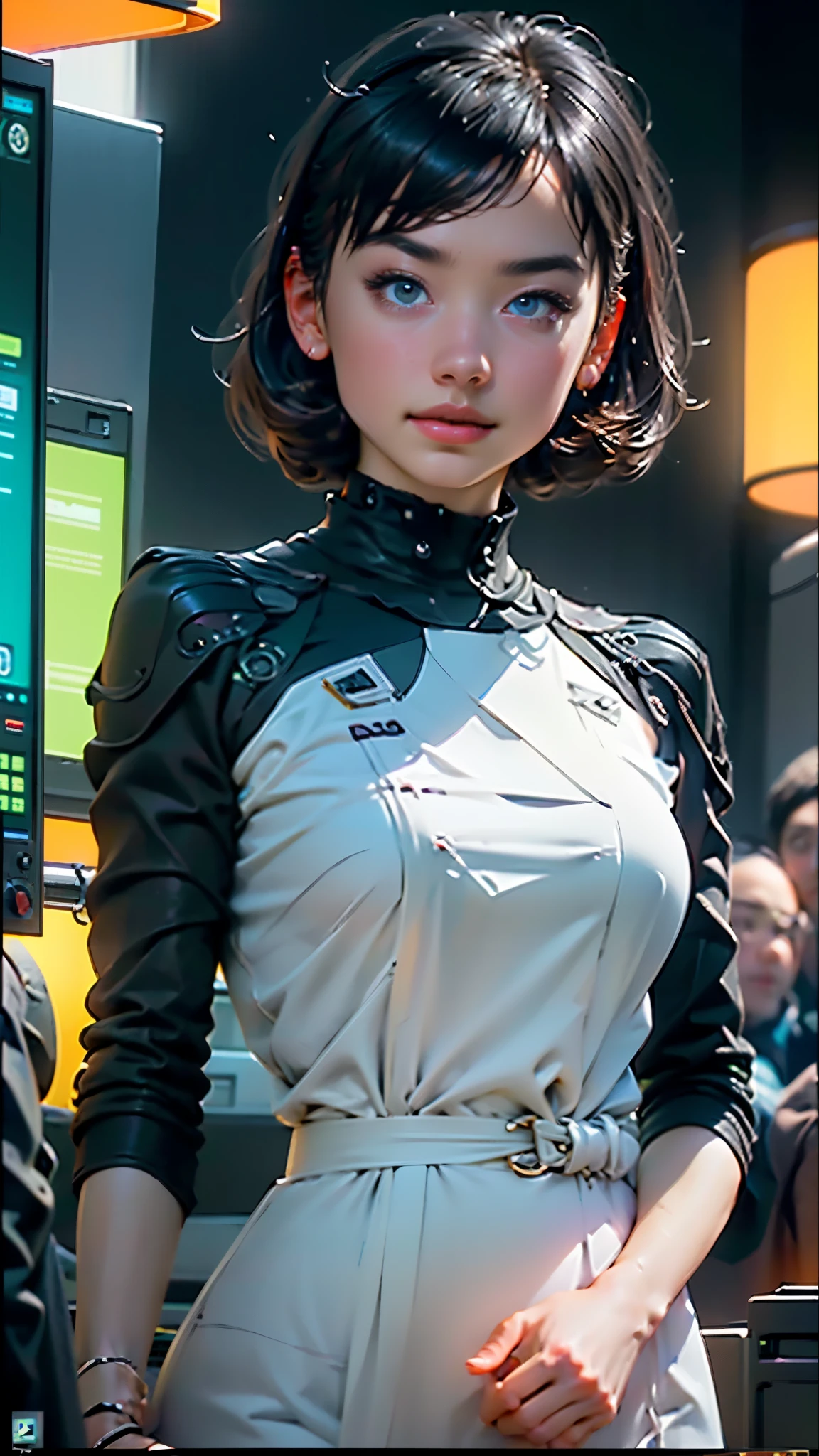 ((highest quality)), ((masterpiece)), (very detailed:1.3), 3D, beautiful (cyber punk:1.3) Female hacker with thick voluminous hair working with a computer terminal, computer server, LCD Screen, fiber optic cable, corporate logo,HDR (high dynamic range),ray tracing,NVIDIA RTX,super resolution,unreal 5,Scattered beneath the surface,PBR texturing,Post-processing,anisotropic filtering,Depth of the bounds written,maximum clarity and sharpness,multilayer texture,Albedo and specular maps,surface shading,Accurate simulation of light-matter interactions,perfect proportions,octane rendering,two-tone lighting,Low ISO,White balance,Rule of thirds,wide caliber,8K RAW,efficient subpixel,subpixel convolution,luminescent particles,