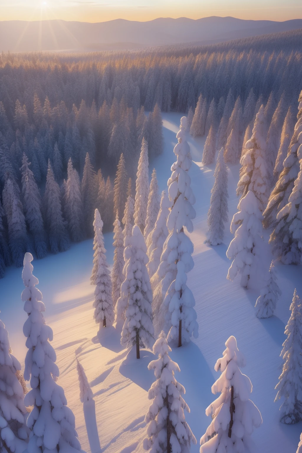 a view of a snowy clearing with trees and a sunset in the background, a matte painting by Chris Rallis, flickr, land art, 🌲🌌, beautiful pine tree landscape, evening!! in the forest, fir forest, boreal forest, beautiful forest, winter forest, spruce trees on the sides, spruce trees, coniferous forest, fir trees