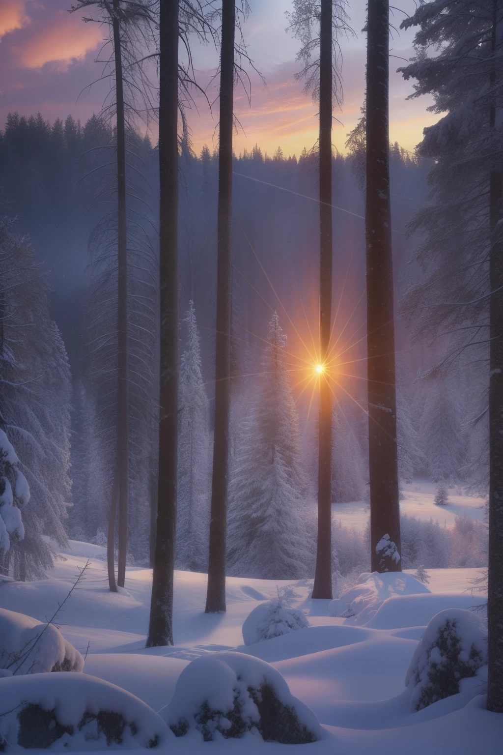 a view of a snowy clearing with trees and a sunset in the background, a matte painting by Chris Rallis, flickr, land art, 🌲🌌, beautiful pine tree landscape, evening!! in the forest, fir forest, boreal forest, beautiful forest, winter forest, spruce trees on the sides, spruce trees, coniferous forest, fir trees