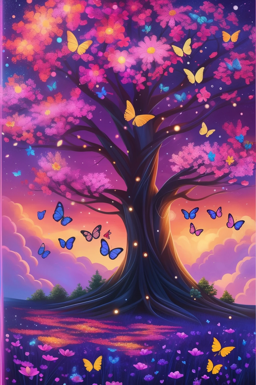 a painting of a tree with flowers and butterflies in the sky, 🌺 cgsociety, magical flowers, glowing flowers, night sky full of flowers, very beautiful digital art, beautiful digital artwork, dawn cgsociety, trending on cgsociety art, beautiful digital art, beautiful depiction, beautiful gorgeous digital art, gorgeous digital art, by Yang J, cgsociety saturated colors