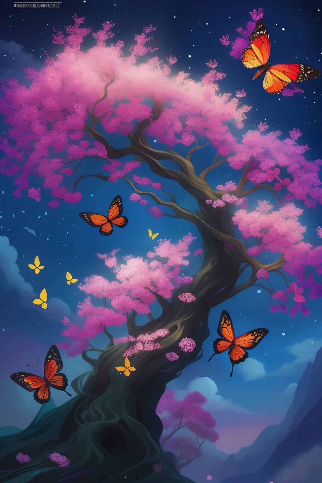 a painting of a tree with flowers and butterflies in the sky, a digital painting by Yang J, trending on cgsociety, fantasy art, 🌺 cgsociety, magical flowers, glowing flowers, night sky full of flowers, very beautiful digital art, dawn cgsociety, beautiful digital artwork, trending on cgsociety art, beautiful digital art, beautiful gorgeous digital art, beautiful depiction