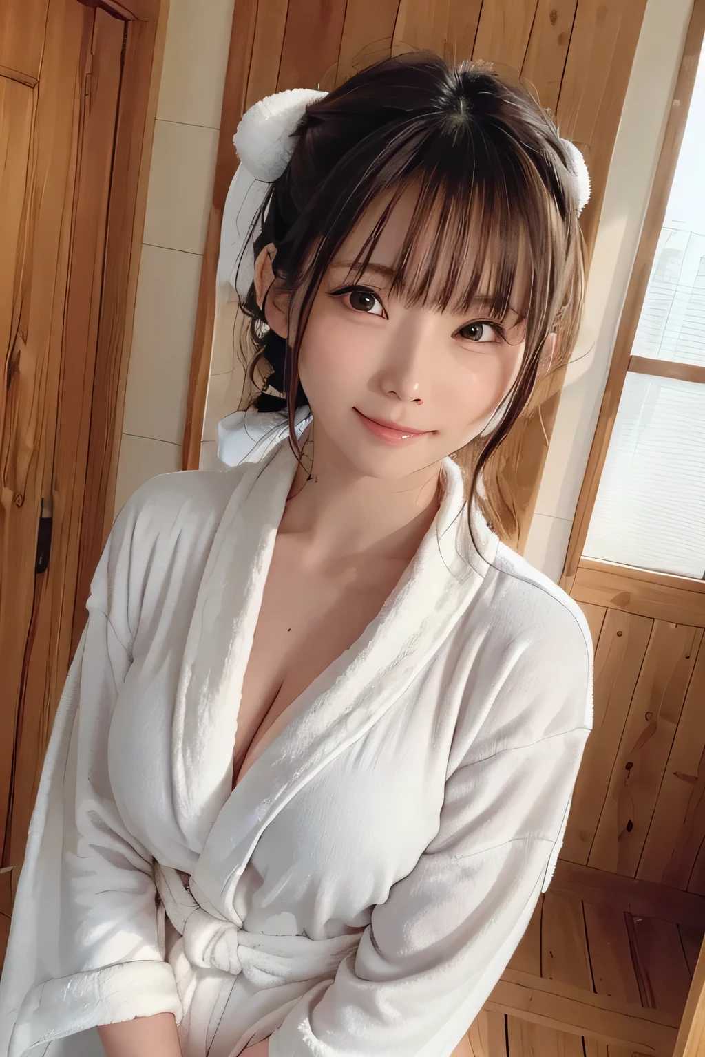 (((high details,high detail、masterpiece,attention to detail))),, realistic , ,young and cute , ,, smile,,,face is flushed,１girl,beautiful woman natural light、,,perm,shiny hair,((hair is wet:1.2)),,,,((flat body))、((slim))、、cute,(close-up of face photo:1.3),wearing a thick bathrobe、Ribbon headband made from towel fabric,up hair、(((big bathrobe)))