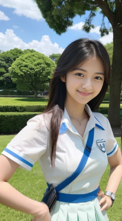 ((top-quality、​masterpiece))、Raw photography、8K、top-quality、 超A high resolution、Beautiful face in every detail、Realistic human skin、Gentle expression、front-facing view、Farbe々From an angle、realisitic、Photorealsitic、Beautie、length hair、a short skirt、Beautiful 、Japan  wearing uniform、Surreal High School Girl、(wrist watch)、neck tie、smil、a park、blue-sky、lawn、