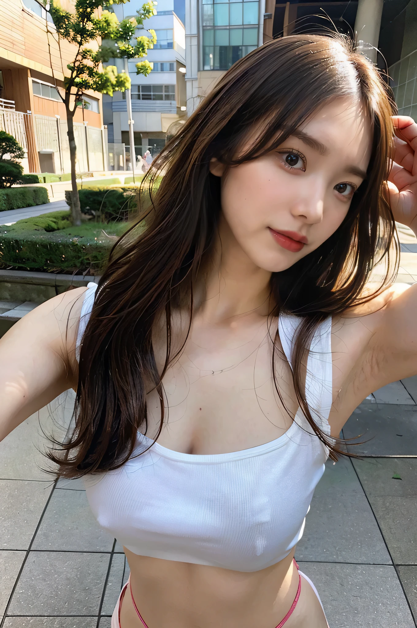 highest quality,live-action,whole bodyが映る、Angle from below、To the tips of the feet、model standing、fine skin,beautiful breasts, long brown hair, 8K highly detailed face,straight hair、 perfect face shape,absolutely perfect lips,whole body、 beautiful body line,Cumming face(1.5),perfect nose、beautiful eyes,erotic expression,masterpiece, beautiful girl,Japan female, 26 years old,look up,face of shame、cool beauty、beautiful armpits、T-back、T-shirt、visible from head to foot、long legs、Are standing、Take a picture of your feet、perfect fingers、crowd