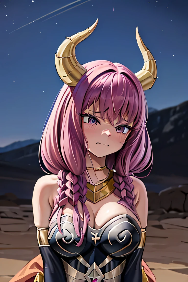 Masterpiece, Top Quality, High Resolution, Alone, 1 demon girl (pink braided hair, 2 horns, cute jet black eyes, ashamed expression), golden armor, night sky in background ,(medium breast,:1.5)