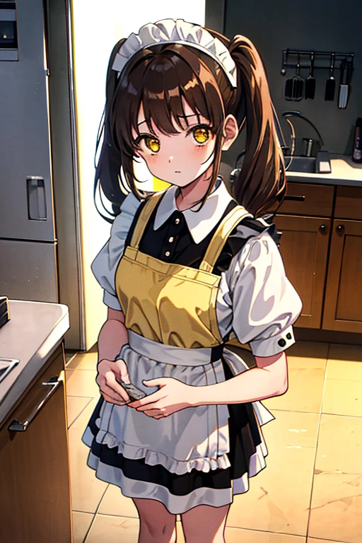 twintails, brown hair, yellow eyes, maid uniform, standing, Straight Face, Fair skin, indoors, kitchen, from above, 1990s (style), --niji 5 --ar 2:3 --s 100