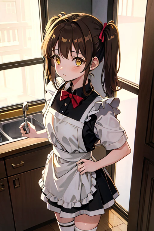 twintails, brown hair, yellow eyes, maid uniform, standing, Straight Face, Fair skin, indoors, kitchen, from above, 1990s (style), --niji 5  --ar 2:3 --s 100