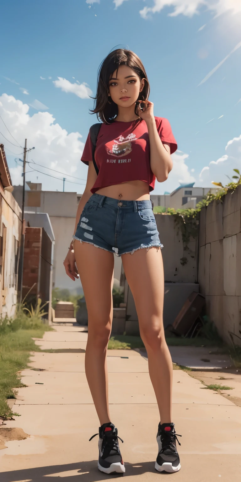 2076 year. n.UH. The Urban Ruins of the Wasteland, Female huntress picking fruit in the garden, pretty  face, Ragged shirt and denim shorts ,  legs long, Sweat through, sun rising, Nice warm colors, Full body photo from head to toe