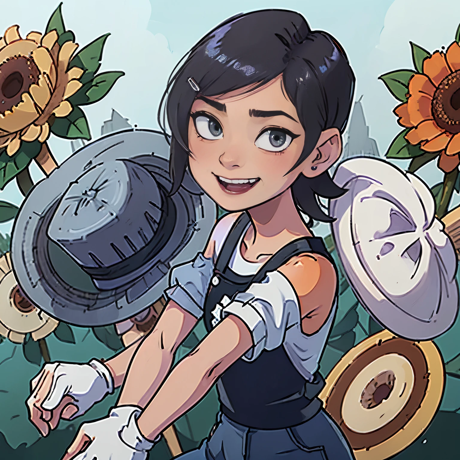 The Lord, thin and slim, short, curly black hair, and butt, straw hat, service gloves, White short-sleeved shirt, denim overalls, boots, excited smile, Harvesting pumpkins and eggplants on the farm, sunny day, wide vision, (character in the foreground) (Messy clothes) (bare shoulders) (sweaty skin) (adventure animation) 8K quality