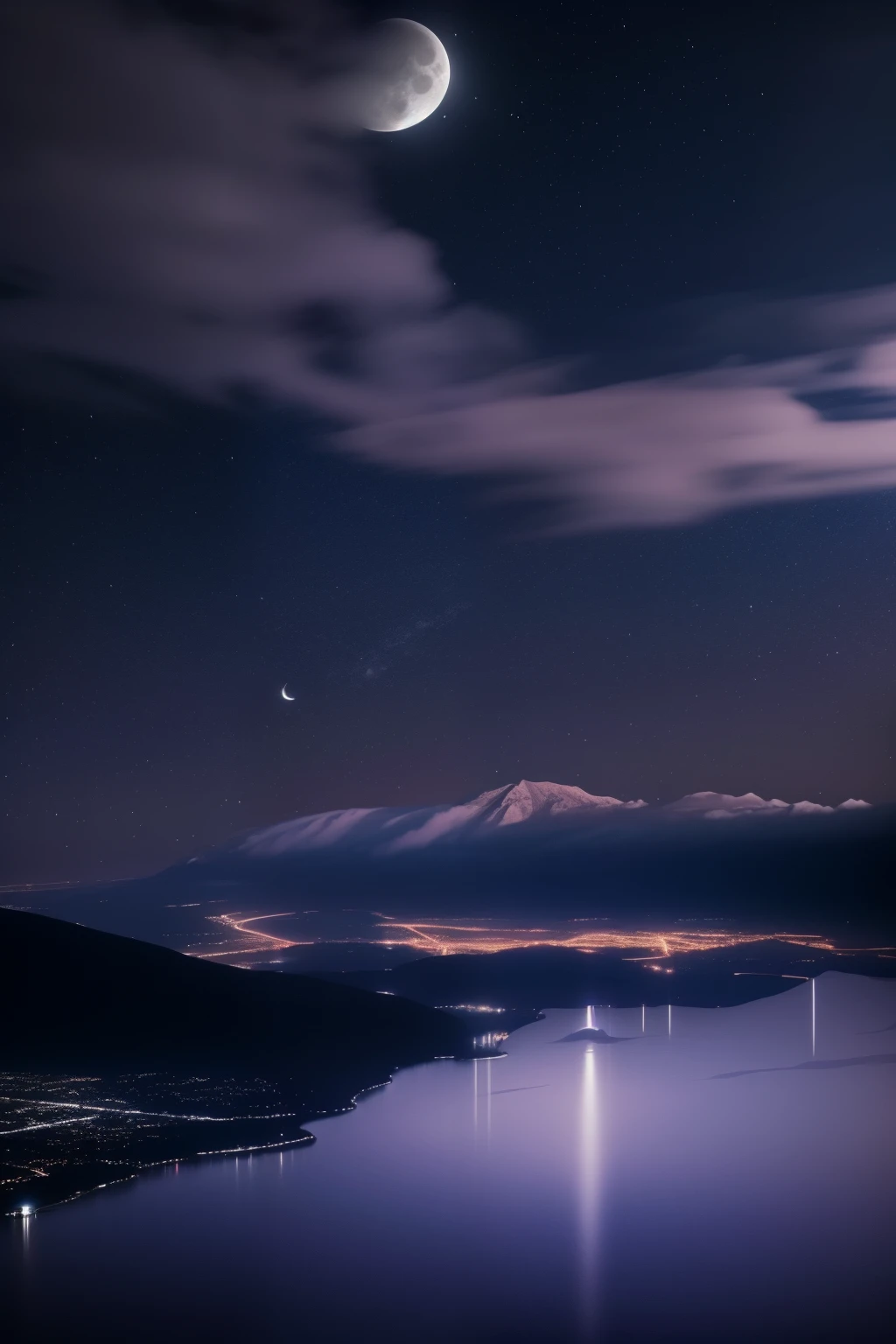 a crescent in the sky with clouds and a mountain in the background, moonlit night dreamy atmosphere, beautiful moonlight night, moonlit night sky, beautiful moonlight, moonlit backdrop, beautiful moon light, moonlit night, crescent moon in background, moonlit nightscape, night sky with moon, nighttime moonlit, moonlit sky, ✨🕌🌙