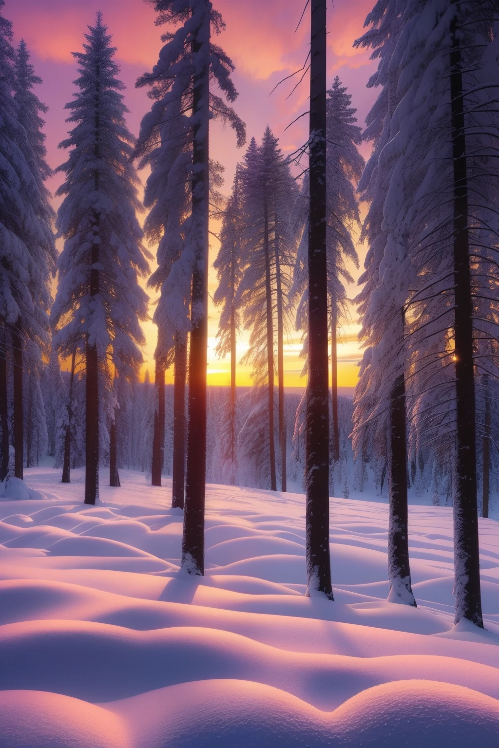a view of a snowy clearing with trees and a sunset in the background, a matte painting by Chris Rallis, flickr, land art, 🌲🌌, beautiful pine tree landscape, evening!! in the forest, fir forest, boreal forest, beautiful forest, winter forest, spruce trees on the sides, spruce trees, coniferous forest, fir trees