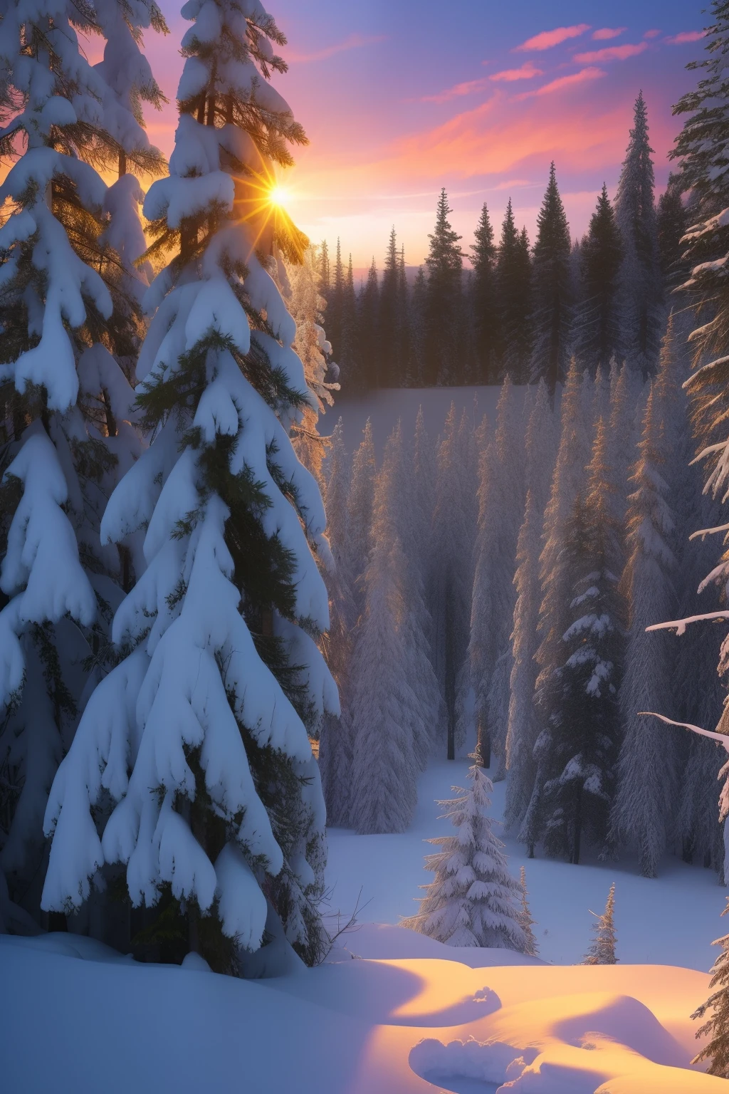 a view of a snowy clearing with trees and a sunset in the background, a matte painting by Chris Rallis, flickr, land art, 🌲🌌, beautiful pine tree landscape, evening!! in the forest, fir forest, boreal forest, beautiful forest, winter forest, spruce trees on the sides, spruce trees, coniferous forest, fir trees