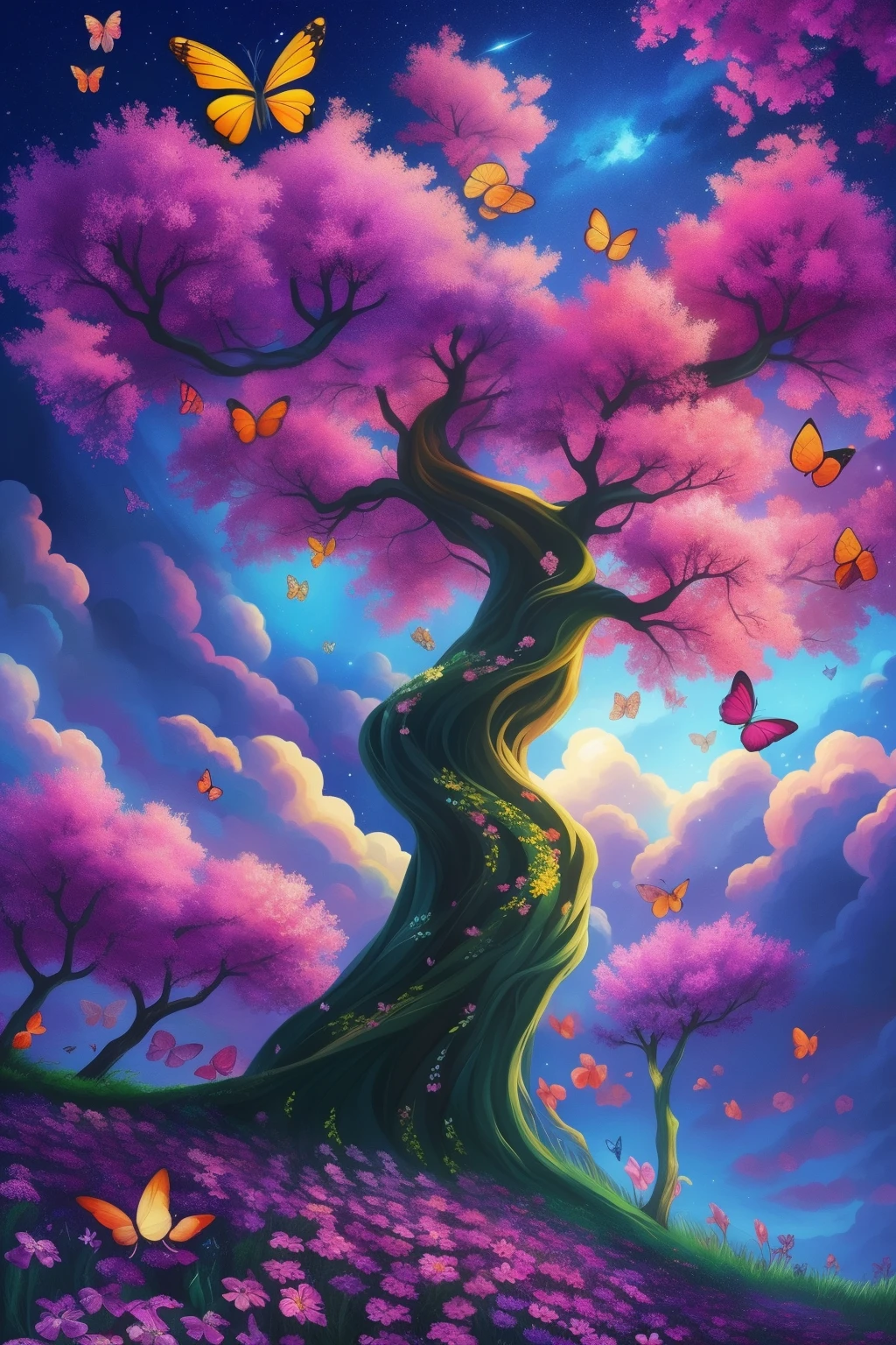 a painting of a tree with flowers and butterflies in the sky, 🌺 cgsociety, magical flowers, glowing flowers, night sky full of flowers, very beautiful digital art, beautiful digital artwork, dawn cgsociety, trending on cgsociety art, beautiful digital art, beautiful depiction, beautiful gorgeous digital art, gorgeous digital art, by Yang J, cgsociety saturated colors