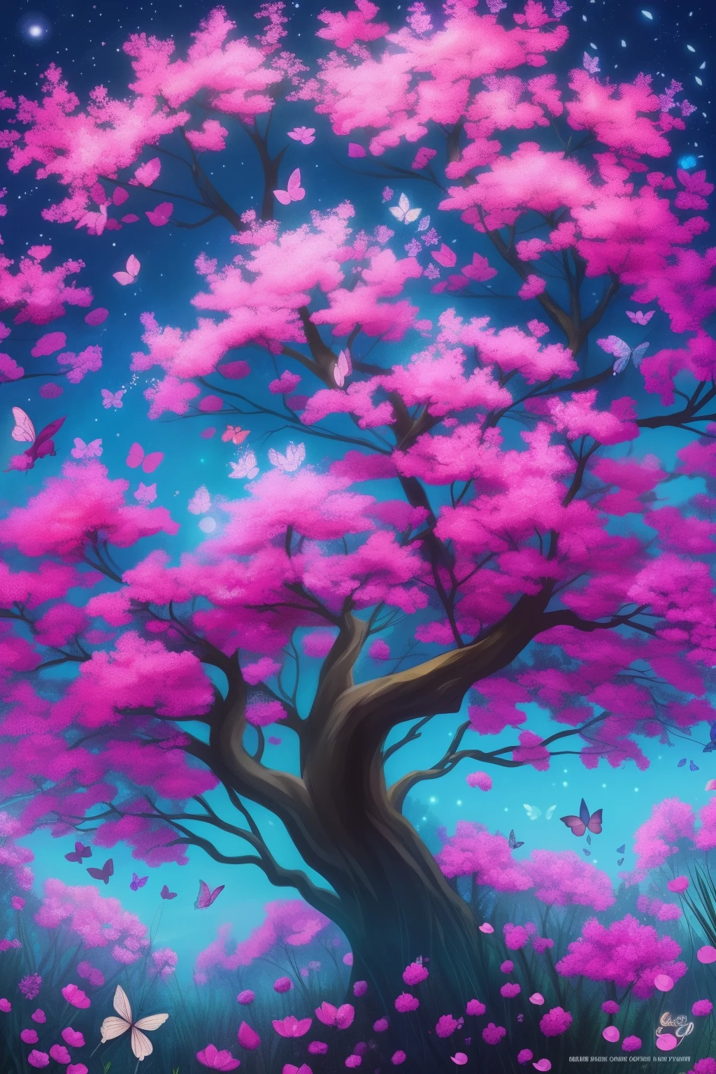 a painting of a tree with flowers and butterflies in the sky, 🌺 cgsociety, magical flowers, glowing flowers, night sky full of flowers, very beautiful digital art, beautiful digital artwork, dawn cgsociety, trending on cgsociety art, beautiful digital art, beautiful depiction, beautiful gorgeous digital art, gorgeous digital art, by Yang J, cgsociety saturated colors
