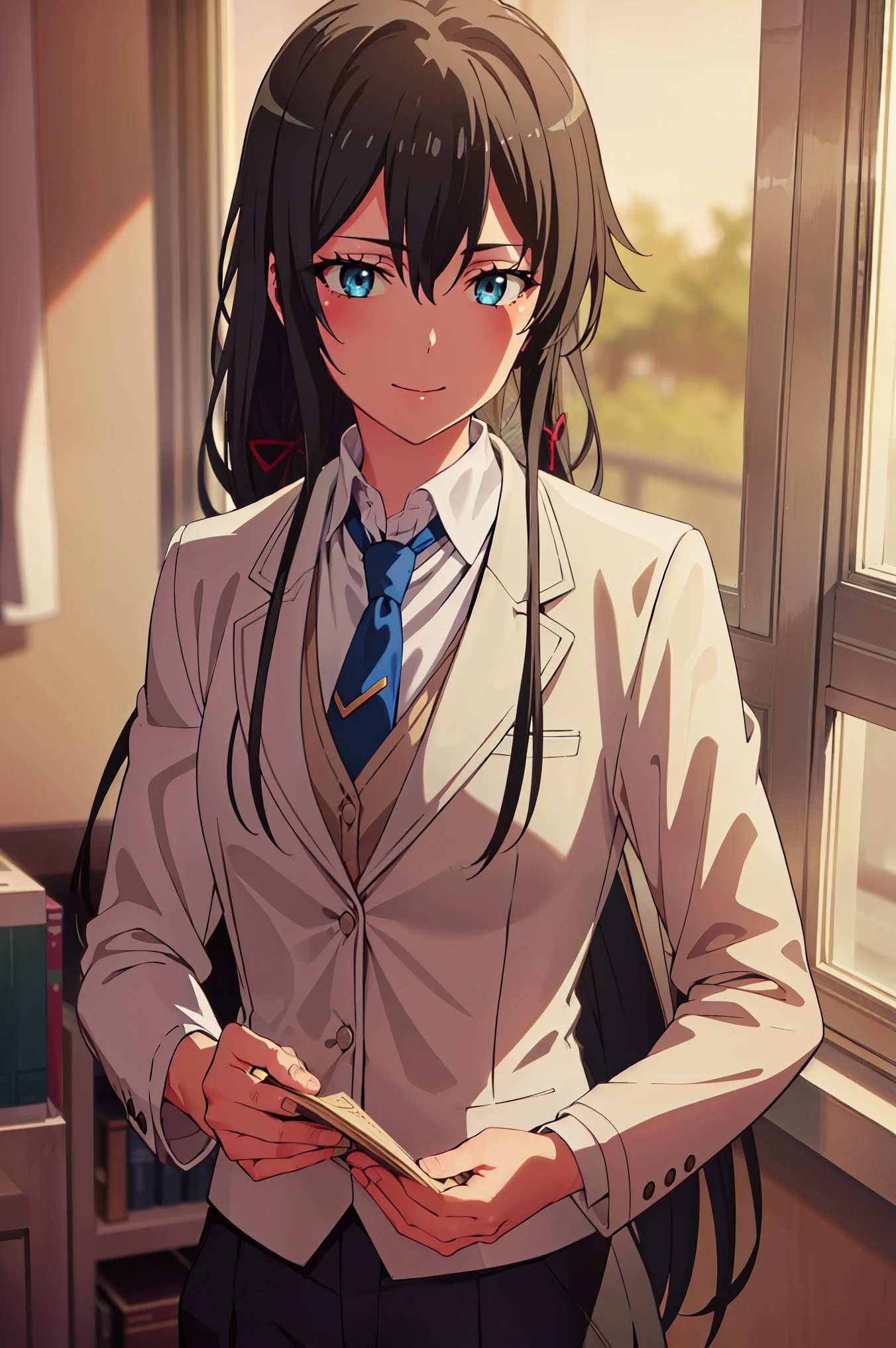 score_8_up, score_7_up, source_anime,1 girl, solo, hair_ponytail ribbon,Black hair, eyes blue, long hair, smile , Yukinoshita Yukino ,
BREAK (formal attractive tailcoat,blue necktie, collared shirt, white pants, white shirt , tailored tailcoat elegant ,tailcoat tailored to perfection:1.2)
BREAK striking Victorian theme and crafted from the lustrous fabric
BREAK standing in a large alcove in the room , standing in front of a window ,
BREAK (masterpiece:1.2), best quality, high resolution,NSW ,unity 8k wallpaper, (illustration:0.8), (beautiful detailed eyes:1.6), extremely detailed face, perfect lighting, extremely detailed CG, (perfect hands, perfect anatomy),