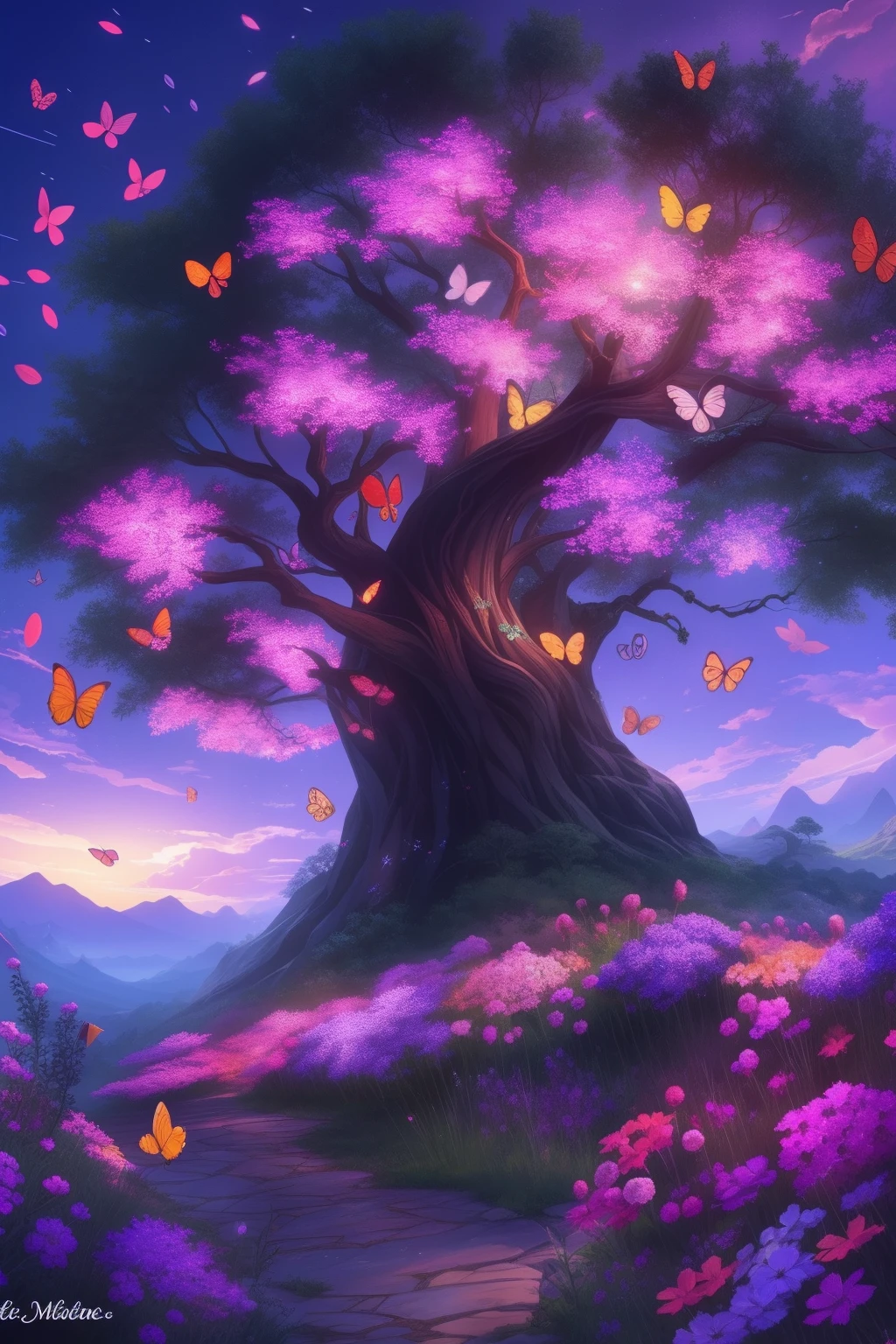 a painting of a tree with flowers and butterflies in the sky, 🌺 cgsociety, magical flowers, glowing flowers, night sky full of flowers, very beautiful digital art, beautiful digital artwork, dawn cgsociety, trending on cgsociety art, beautiful digital art, beautiful depiction, beautiful gorgeous digital art, gorgeous digital art, by Yang J, cgsociety saturated colors