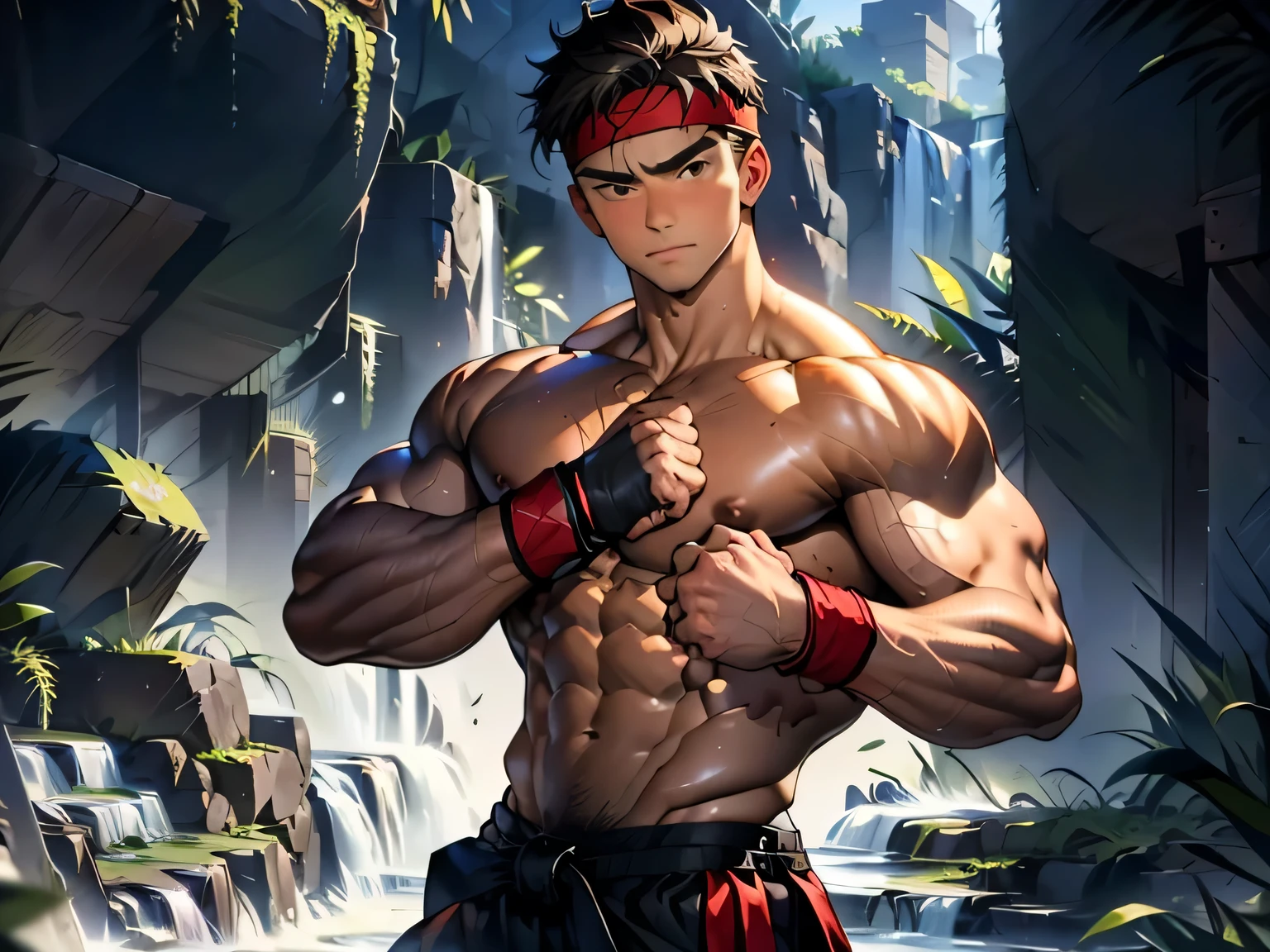 (Masterpiece, Best quality 18 year old boy, simple background, cowboy shot), solo, Young, boy, full bodyesbian, Shirtless, topless, (Dark Short straight hair, under cut, brown eyes), (torn cloth, red headband, ((black wristband))), Vivid colors, (hot Abs, big , chest muscle, upper arms), (topless male), closed mouth, serious, tight muscler body, Man with martial arts stance, (((epic martial arts pose)))