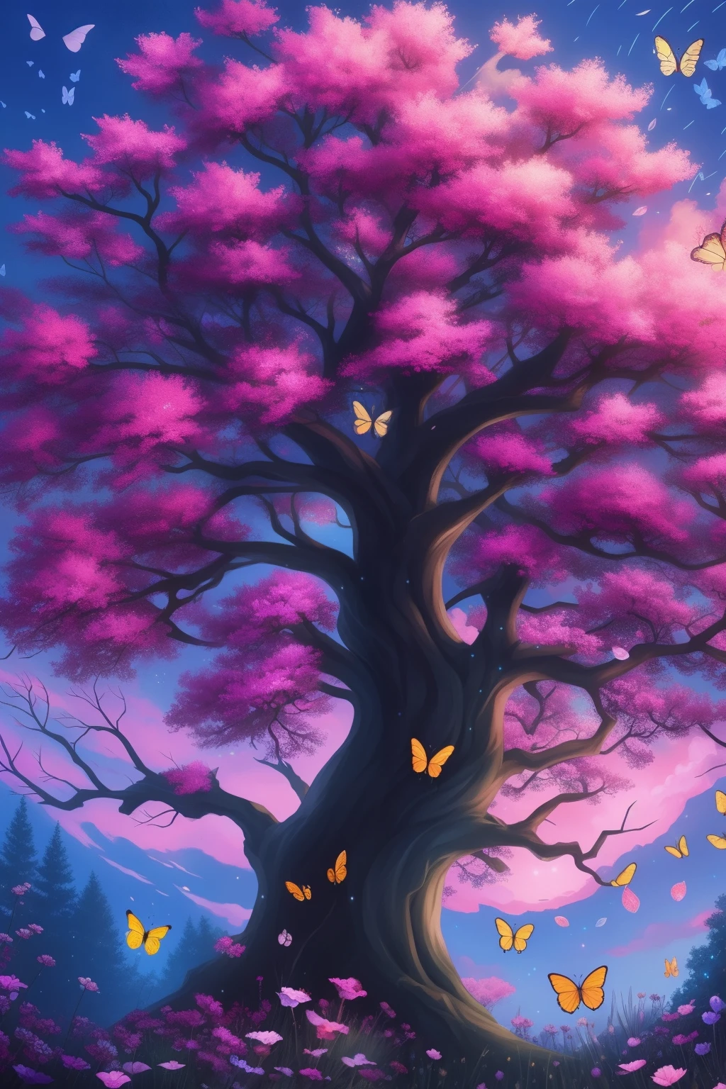 a painting of a tree with flowers and butterflies in the sky, 🌺 cgsociety, magical flowers, glowing flowers, night sky full of flowers, very beautiful digital art, beautiful digital artwork, dawn cgsociety, trending on cgsociety art, beautiful digital art, beautiful depiction, beautiful gorgeous digital art, gorgeous digital art, by Yang J, cgsociety saturated colors