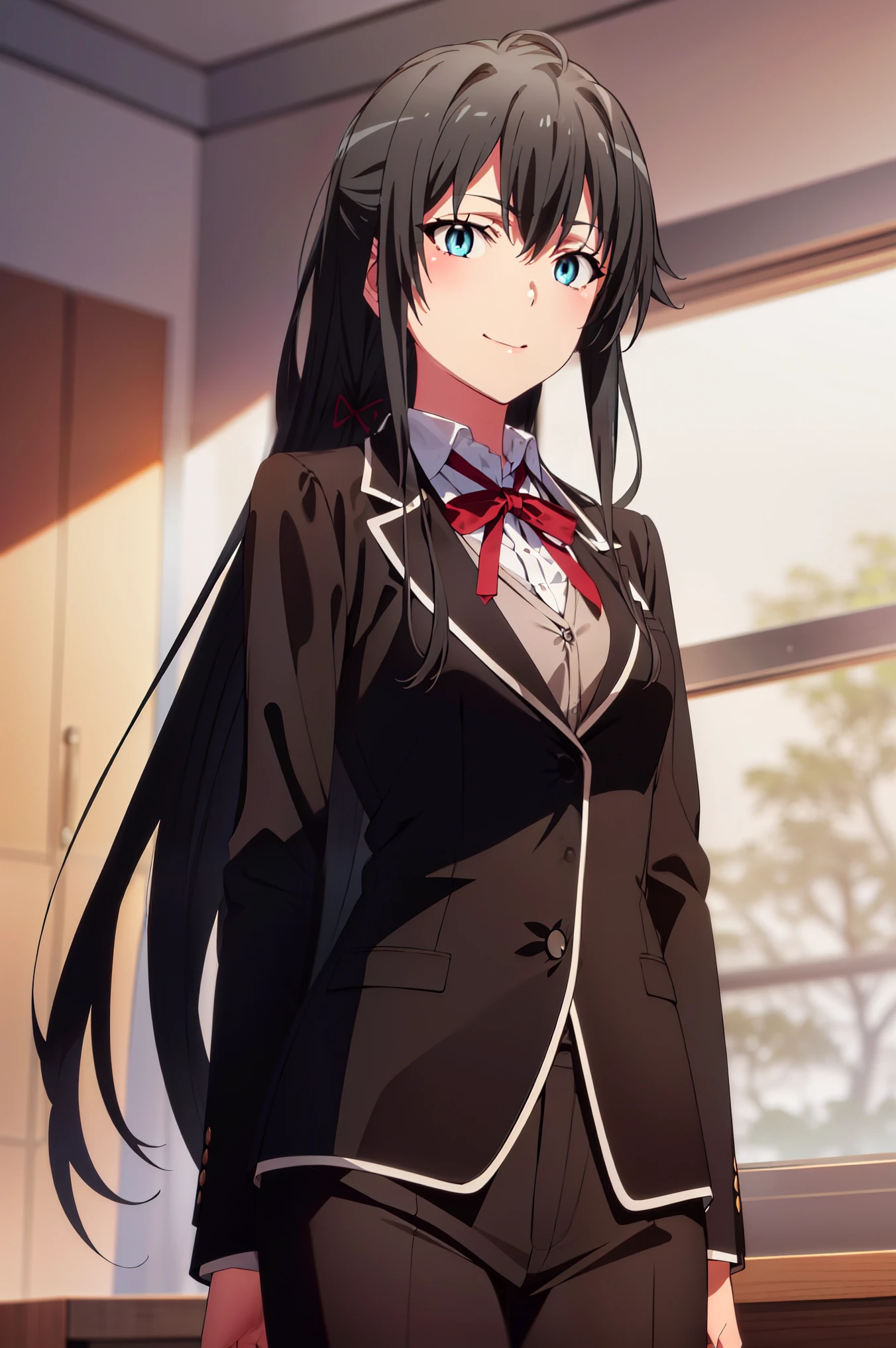 score_8_up, score_7_up, source_anime,1 girl, solo, hair_ponytail ribbon,Black hair, eyes blue, long hair, smile , Yukinoshita Yukino ,
BREAK (sensual cleavage, medium breasts, feminine suit and tie:1.2)
BREAK striking Victorian theme and crafted from the lustrous fabric
BREAK standing in a large alcove in the room , standing in front of a window ,
BREAK (masterpiece:1.2), best quality, high resolution,NSW ,unity 8k wallpaper, (illustration:0.8), (beautiful detailed eyes:1.6), extremely detailed face, perfect lighting, extremely detailed CG, (perfect hands, perfect anatomy),