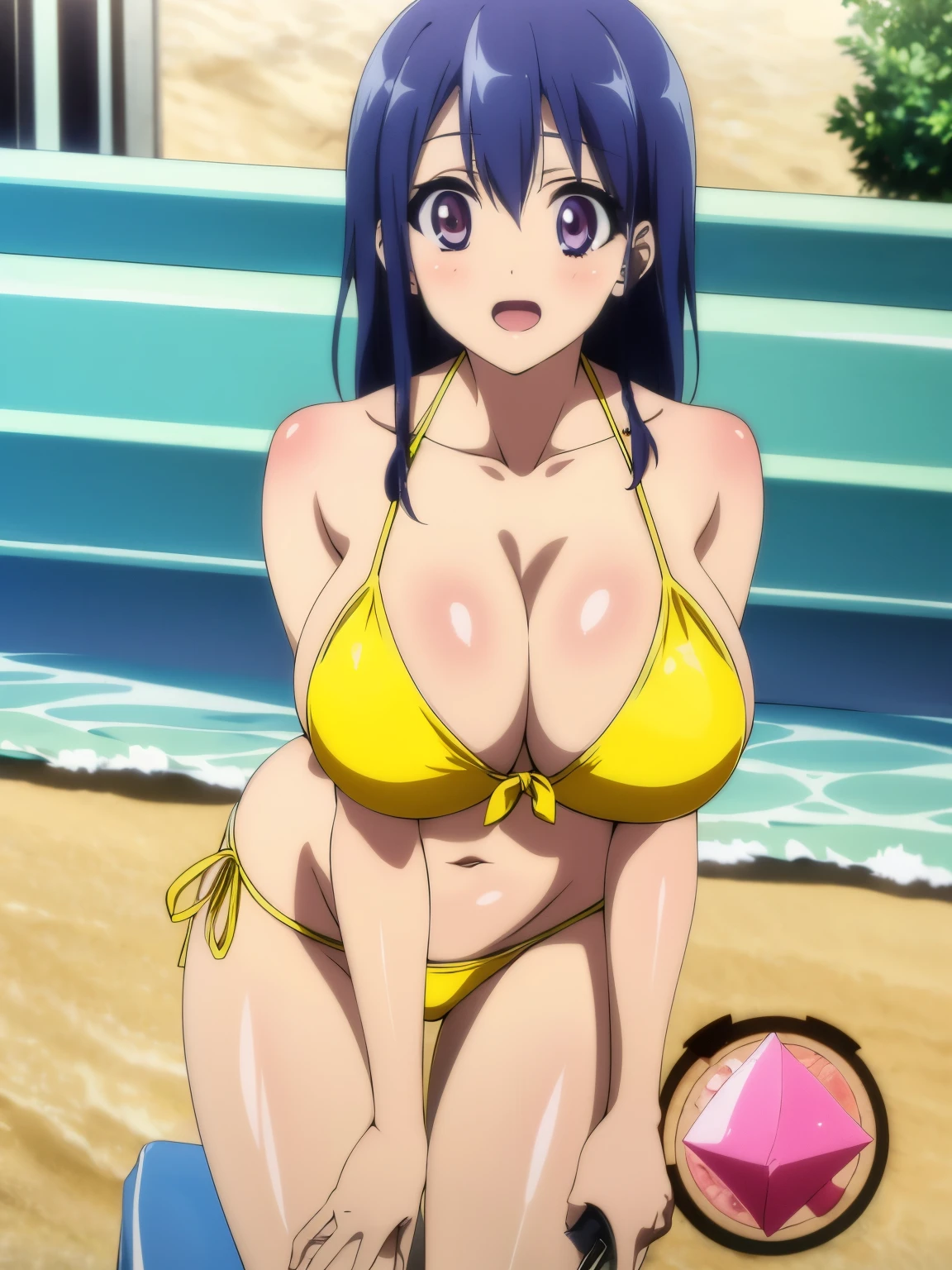 selfie,wink,high resolution、high quality、masterpiece、anime,anime style,miharu kashiwagi,(gigantic breasts:1),(bikini:1.2),(beach:1.4),sea,water,happy smile,(blush),open mouth,(crowd:1.3)