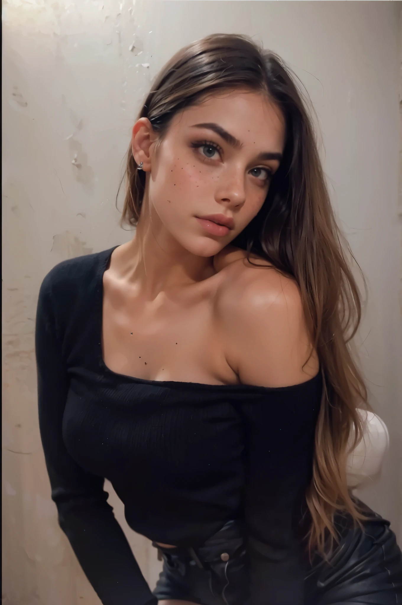 cara de una mujer, americana, 25 years, pale skin and freckles, ojos grises, nariz delicado, labios suaves y delicados, Cabello rubio gris largo ondulado, dulce sonrisa
