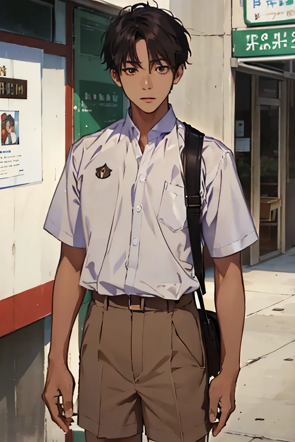1 man, handsome, ager, short hair, black hair, high resolution, masterpiece, 8k, fine details, ray trancing, thai student uniform, white shirt, light brown short pants, black bag