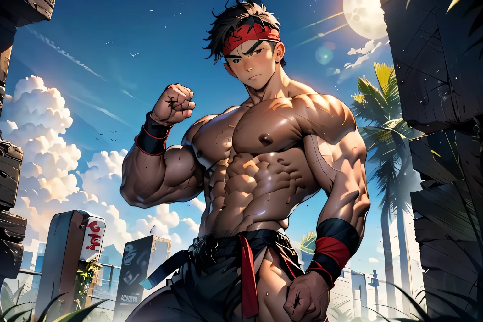 (Masterpiece, Best quality 18 year old boy, simple background, cowboy shot), focus boy, solo, Young, boy, full bodyesbian, Shirtless, topless, (Dark Short straight hair, under cut, brown eyes), (torn cloth, red headband, ((black wristband))), Vivid colors, (hot Abs, big breast, chest muscle, upper arms), (topless male), closed mouth, serious, tight muscler body, Man with martial arts stance, (((epic martial arts pose)))