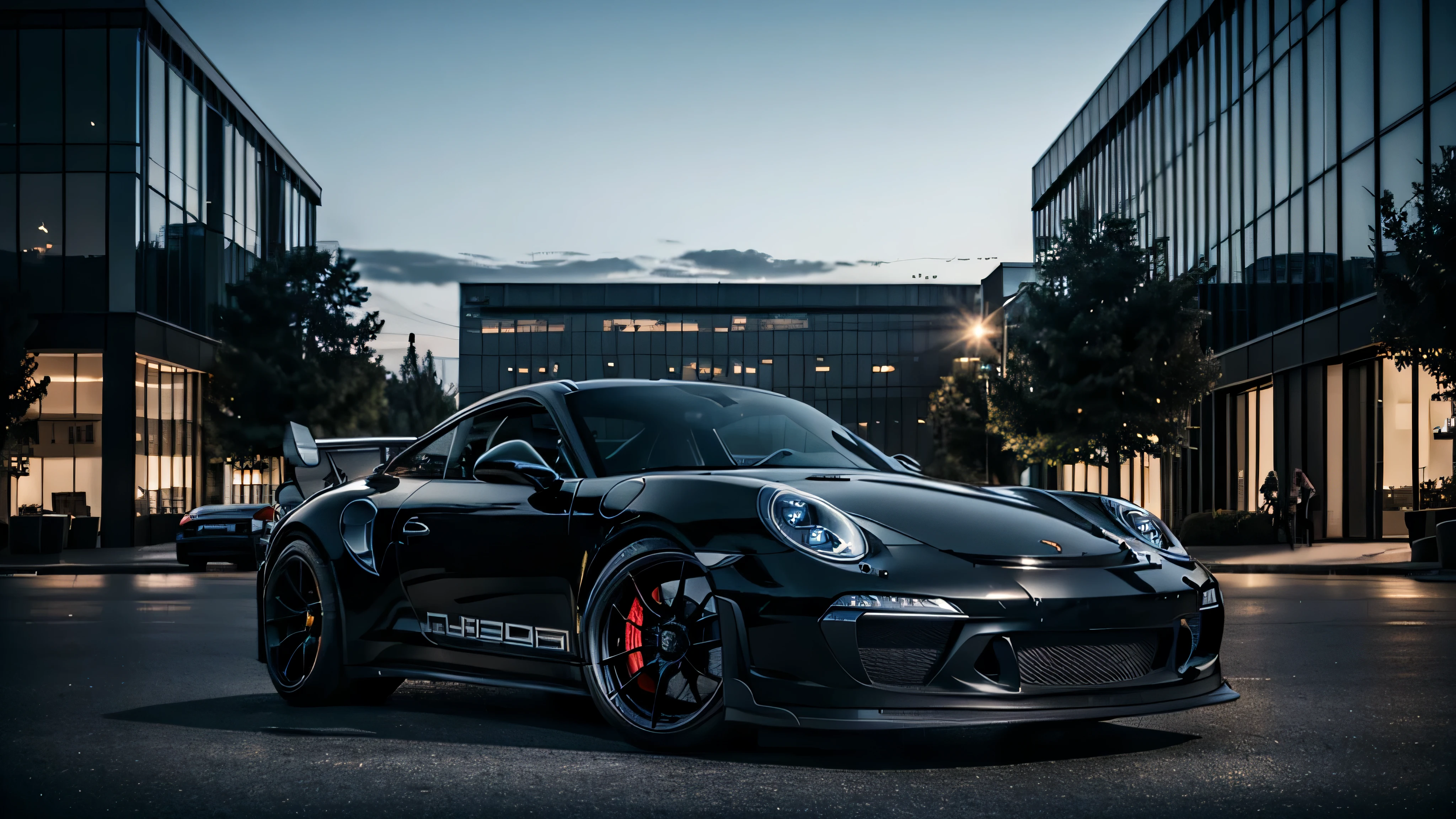 (best quality, realistic, very detailed) black Sport Porsche 911 gt3 with no plate number, cinematic view at night time