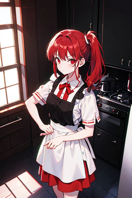 side ponytail, red hair, red eyes, maid uniform, standing, Straight Face, Fair skin, indoors, kitchen, from above, 1990s (style), --niji 5  --ar 2:3 --s 100