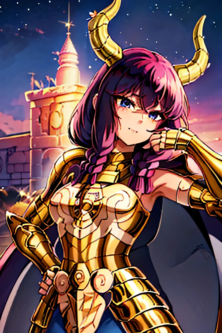 Masterpiece, Top Quality, High Resolution, Alone, Golden Armor,1 demon girl (pink braided hair, 2 horns, cute jet-black eyes, victorious expression), Night sky on background ,(Medium Milk,:1.5)