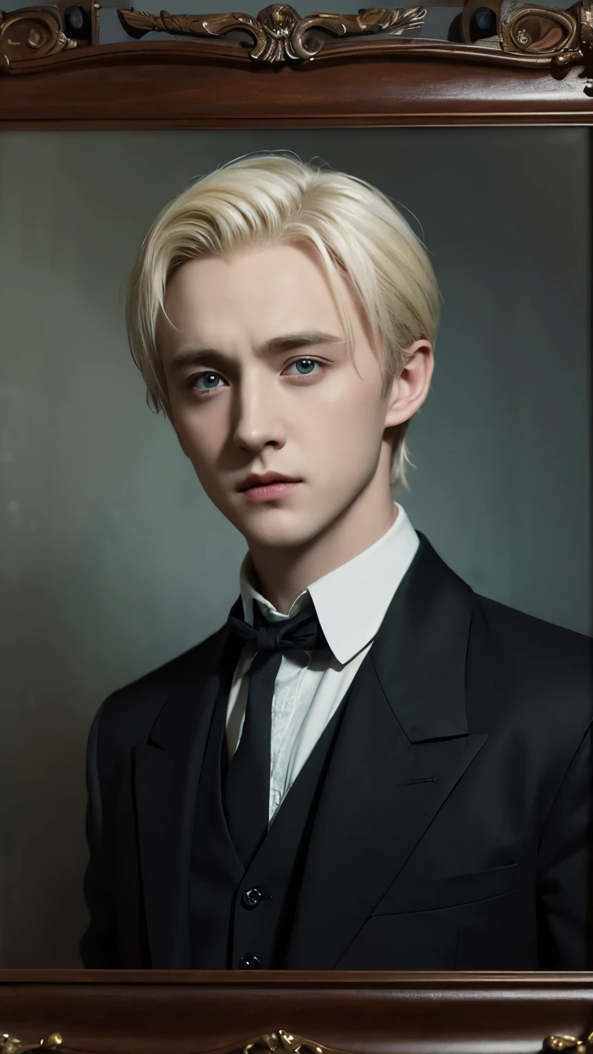 Draco Malfoy played by Tom Felton,Handsome,young,Beautiful vintage picture frame,oil painting style,Impression School,meticulous portrait