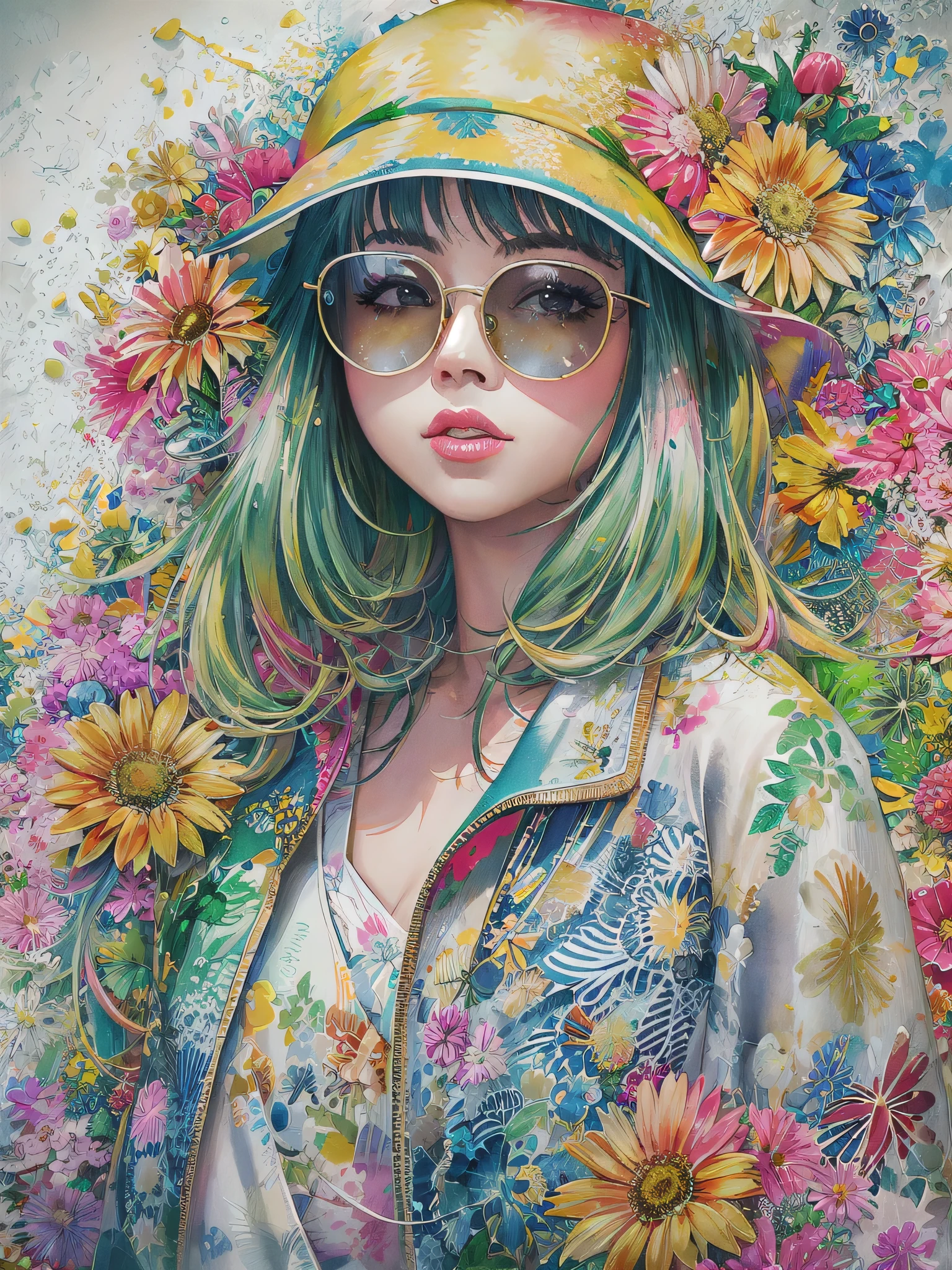 8K quality, watercolor painting, stylish design, (((The strongest beautiful girl of all time))), (((Japanese)))、Idol、clear, Stylish sunglasses, Fashionable hats, (((highest quality))), bob hair, put your hand on the wall, HDR, ((Detailed details)), stylish fashion, detailed clothing texture, (((graffiti art))), colorful hair, ((masterpiece))、((Super detailed))、(((colorful flowers)))