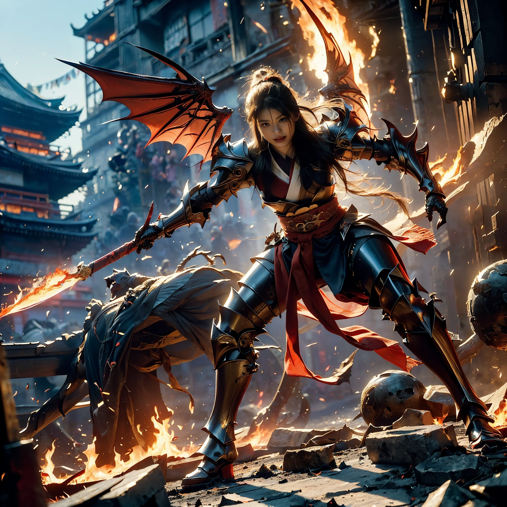 (((Realistic, masterpiece, best quality, crisp detail, high definition, high detail, very rich detail, sharp focus, sharp detail, colorful, perfect studio lightning))), ((20 years old devil, kasumi arimura, flying, floating)),(((in the middle of war, epic war scene, attack stance))), wearing (((beautiful decorated golden heavy armor, dragon armor, decorated full body armor, fully armored beautiful kimono, wide phoenix fire wings))), (flying, swinging large blade, blood scattered face, blood tears, blood bath, blood shed), (((fire everywhere, blood everywhere, death everywhere, japan bakumatsu period, dead bodies,carcass,burned japanese castle,hellish,chaos, inferno)) traditional village background)