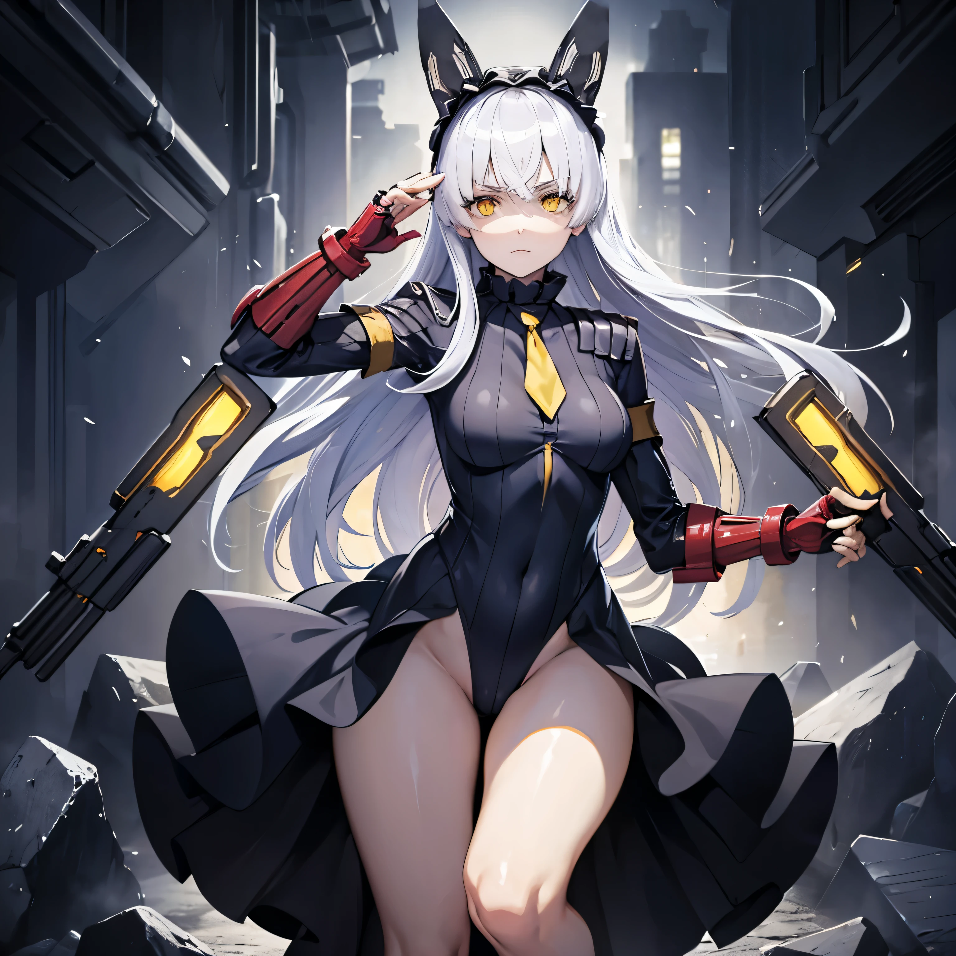 hat, necktie, gloves, ribbed bodysuit, expressionless, emotionless, blank eyes, looking at viewer, corruption, mind control, female combatant, full body, hypnotized, unhappy trance, full body, obey, perfect female body, hypnosis, hypnoLora, empty eyes, Mind control device, poses, submissive_pose, Slave, standing straight, standing, stading at attention, Fighting Stance, extending the right arm from the shoulder into the air with a straightened hand, collar, (((pixel-perfect, detail-perfect))), solo, 1girl, hair ornaments, ObserverDef, long hair, white hair, yellow eyes, bangs, brown eyes, very long hair, hairband, headgear, frilled choker, pale skin, holding weapon, holding gun, gun