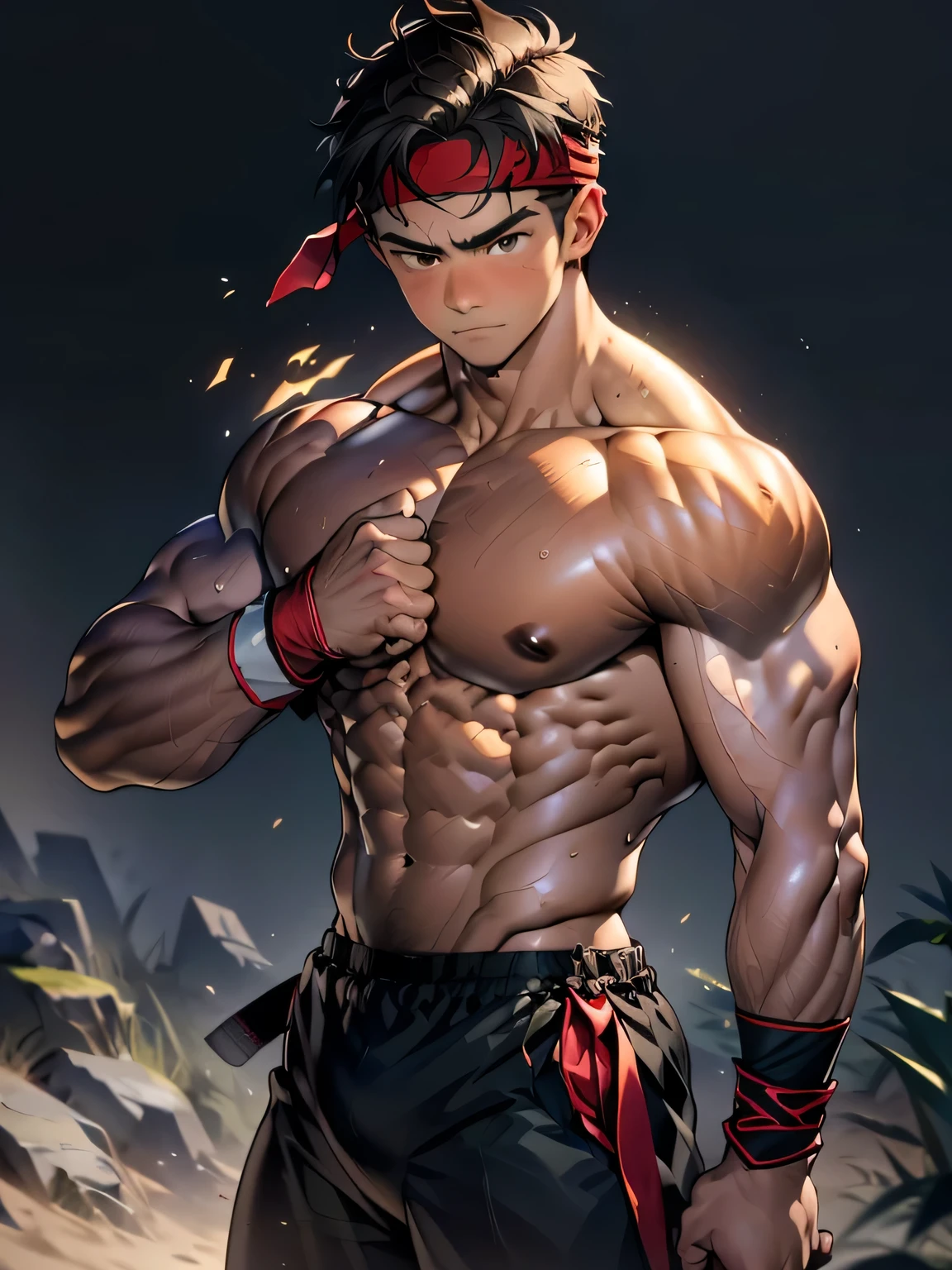 (Masterpiece, Best quality 18 year old boy, simple background, cowboy shot), focus boy, solo, Young, boy, full bodyesbian, Shirtless, topless, (Dark Short straight hair, under cut, brown eyes), (torn cloth, red headband, ((black wristband))), Vivid colors, (hot Abs, big breast, chest muscle, upper arms), (topless male), closed mouth, serious, tight muscler body, Man with martial arts stance, (((epic martial arts pose)))