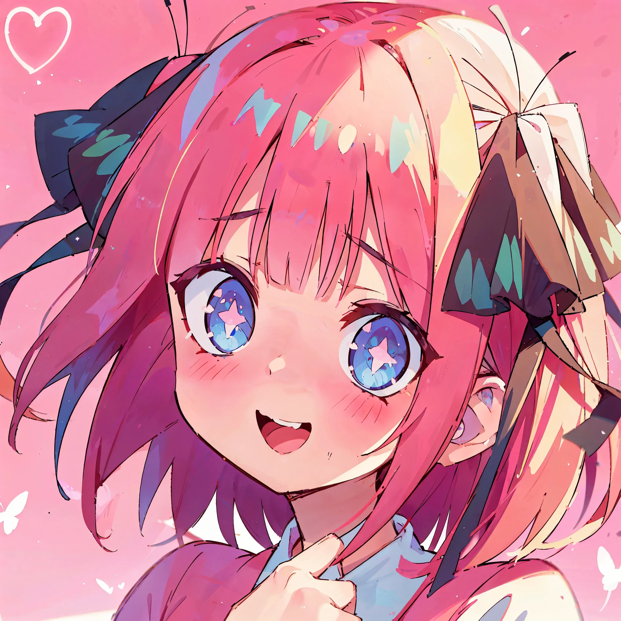 Nino nakano, looking at viewer, happy surprised face, sparkling eyes, smile, joyful cheery smile, happy, overflowing joy, pink silky hair, hair ribbons, (masterpiece:1.2), best quality, high resolution, unity 8k wallpaper, (illustration:0.8), (beautiful detailed eyes:1.6), extremely detailed face, perfect lighting, extremely detailed CG, (perfect hands, perfect anatomy),, sticker, head, minimal, head only, flat colours, simple lines