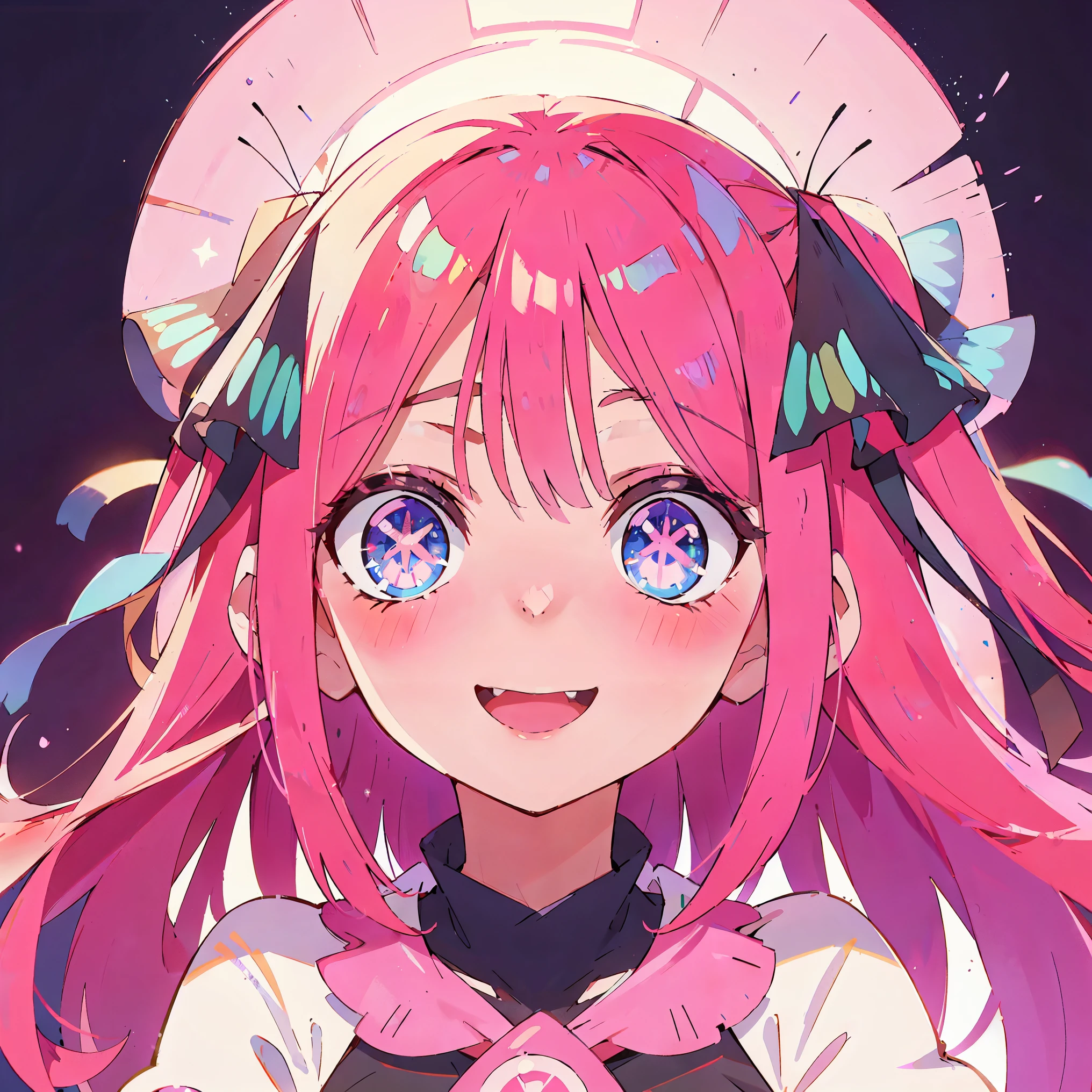 Nino nakano, looking at viewer, happy surprised face, sparkling eyes, smile, joyful cheery smile, happy, overflowing joy, pink silky hair, hair ribbons, (masterpiece:1.2), best quality, high resolution, unity 8k wallpaper, (illustration:0.8), (beautiful detailed eyes:1.6), extremely detailed face, perfect lighting, extremely detailed CG, (perfect hands, perfect anatomy),, sticker, head, minimal, head only, flat colours, simple lines