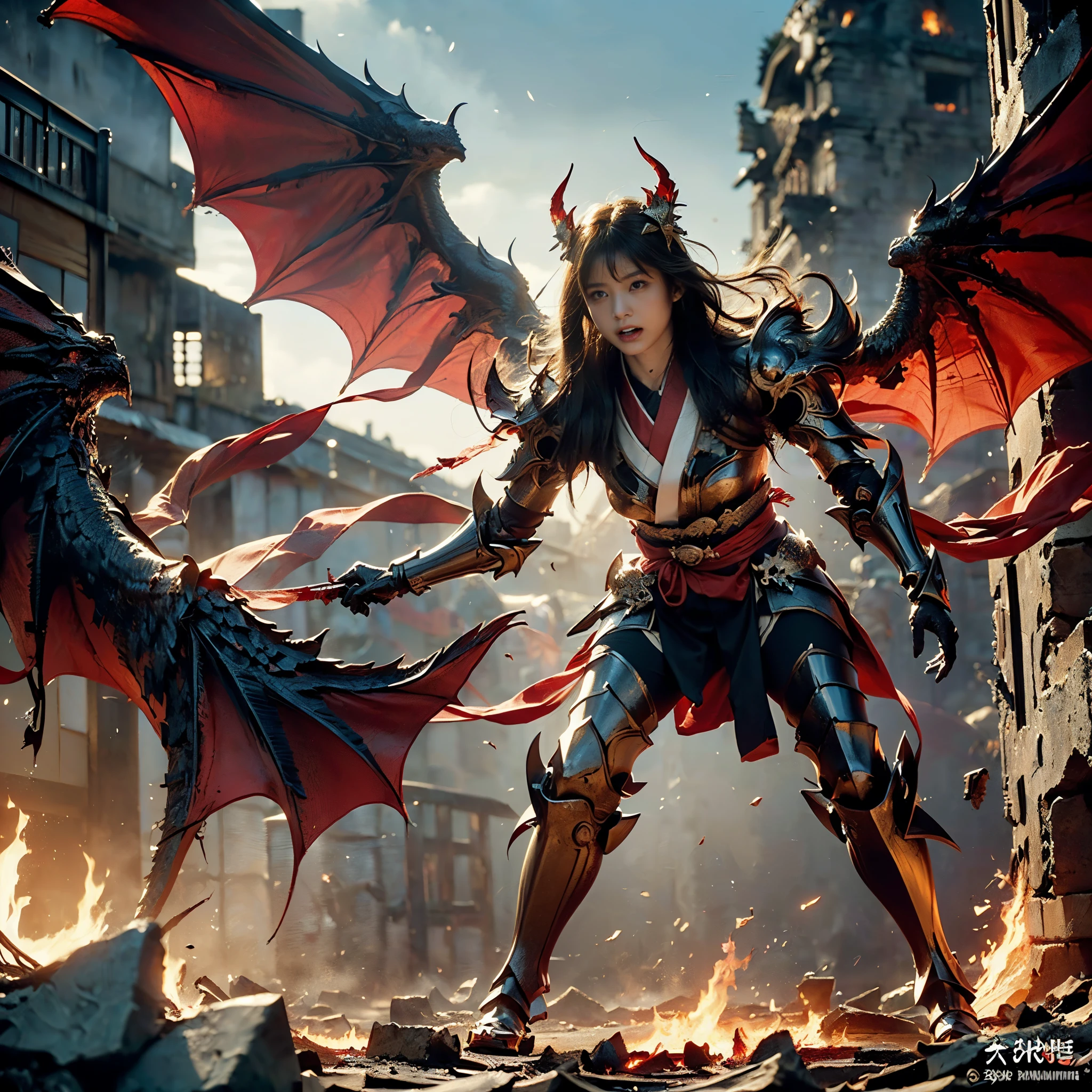 (((Realistic, masterpiece, best quality, crisp detail, high definition, high detail, very rich detail, sharp focus, sharp detail, colorful, perfect studio lightning))), ((20 years old devil, kasumi arimura, flying, floating)),(((in the middle of war, epic war scene, attack stance))), wearing (((beautiful decorated golden heavy armor, dragon armor, decorated full body armor, fully armored beautiful kimono, wide phoenix fire wings))), (flying, swinging large blade, blood scattered face, blood tears, blood bath, blood shed), (((fire everywhere, blood everywhere, death everywhere, japan bakumatsu period, dead bodies,carcass,burned japanese castle,hellish,chaos, inferno)) traditional village background)