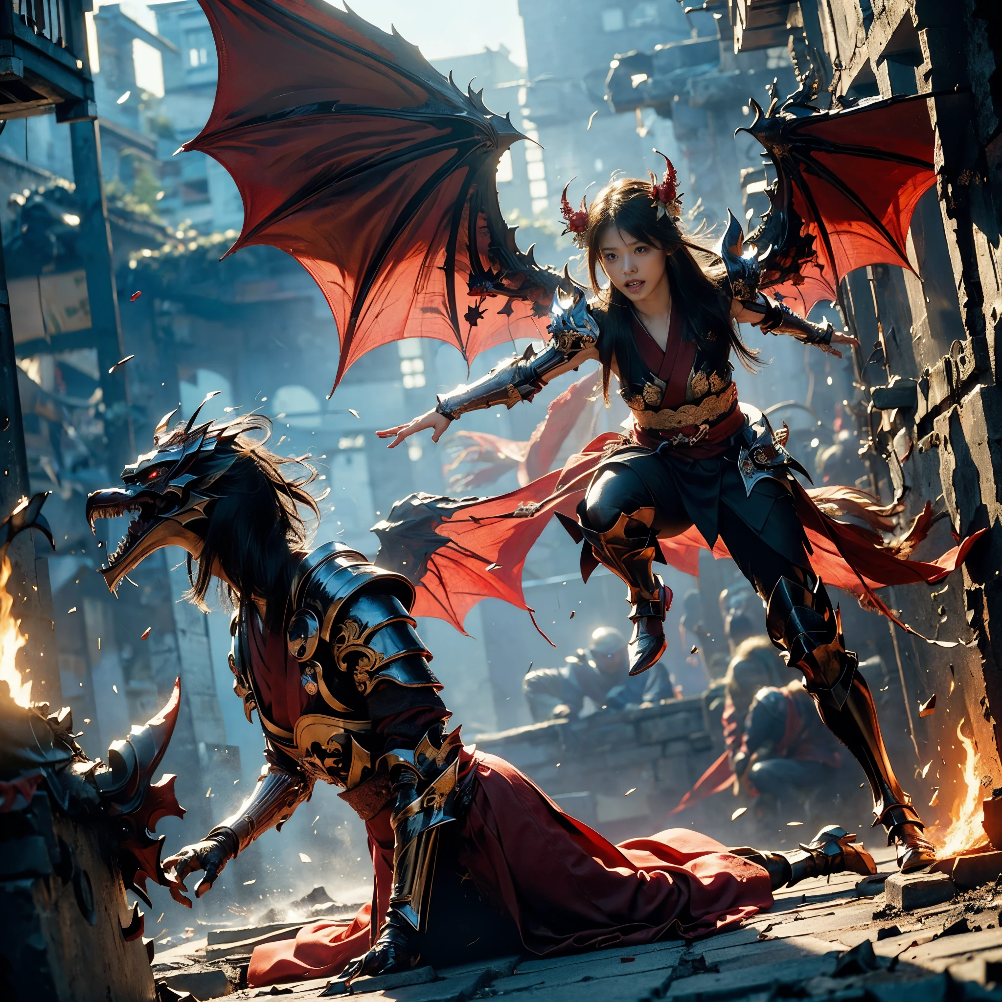 (((Realistic, masterpiece, best quality, crisp detail, high definition, high detail, very rich detail, sharp focus, sharp detail, colorful, perfect studio lightning))), ((20 years old devil, kasumi arimura, flying, floating)),(((in the middle of war, epic war scene, attack stance))), wearing (((beautiful decorated golden heavy armor, dragon armor, decorated full body armor, fully armored beautiful kimono, wide fire dragon wings))), (flying, swinging large blade, blood scattered face, blood tears, blood bath, blood shed), (((fire everywhere, blood everywhere, death everywhere, japan bakumatsu period, dead bodies,carcass,burned japanese castle,hellish,chaos, inferno)) traditional village background)