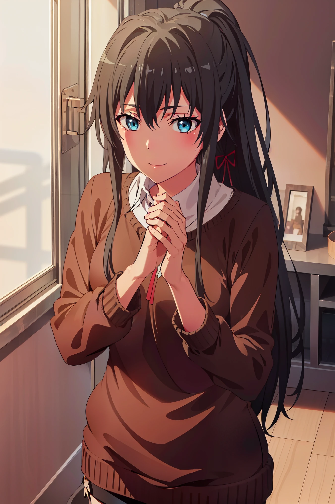 score_8_up, score_7_up, source_anime,1 girl, solo, hair_ponytail ribbon,Black hair, eyes blue, long hair, smile , Yukinoshita Yukino
BREAK (brown sweater, black legwear, ankle boots, boots:1.2)
BREAK striking Victorian theme and crafted from the lustrous fabric
BREAK standing in a large alcove in the room , standing in front of a window ,
BREAK (masterpiece:1.2), best quality, high resolution,NSW ,unity 8k wallpaper, (illustration:0.8), (beautiful detailed eyes:1.6), extremely detailed face, perfect lighting, extremely detailed CG, (perfect hands, perfect anatomy),